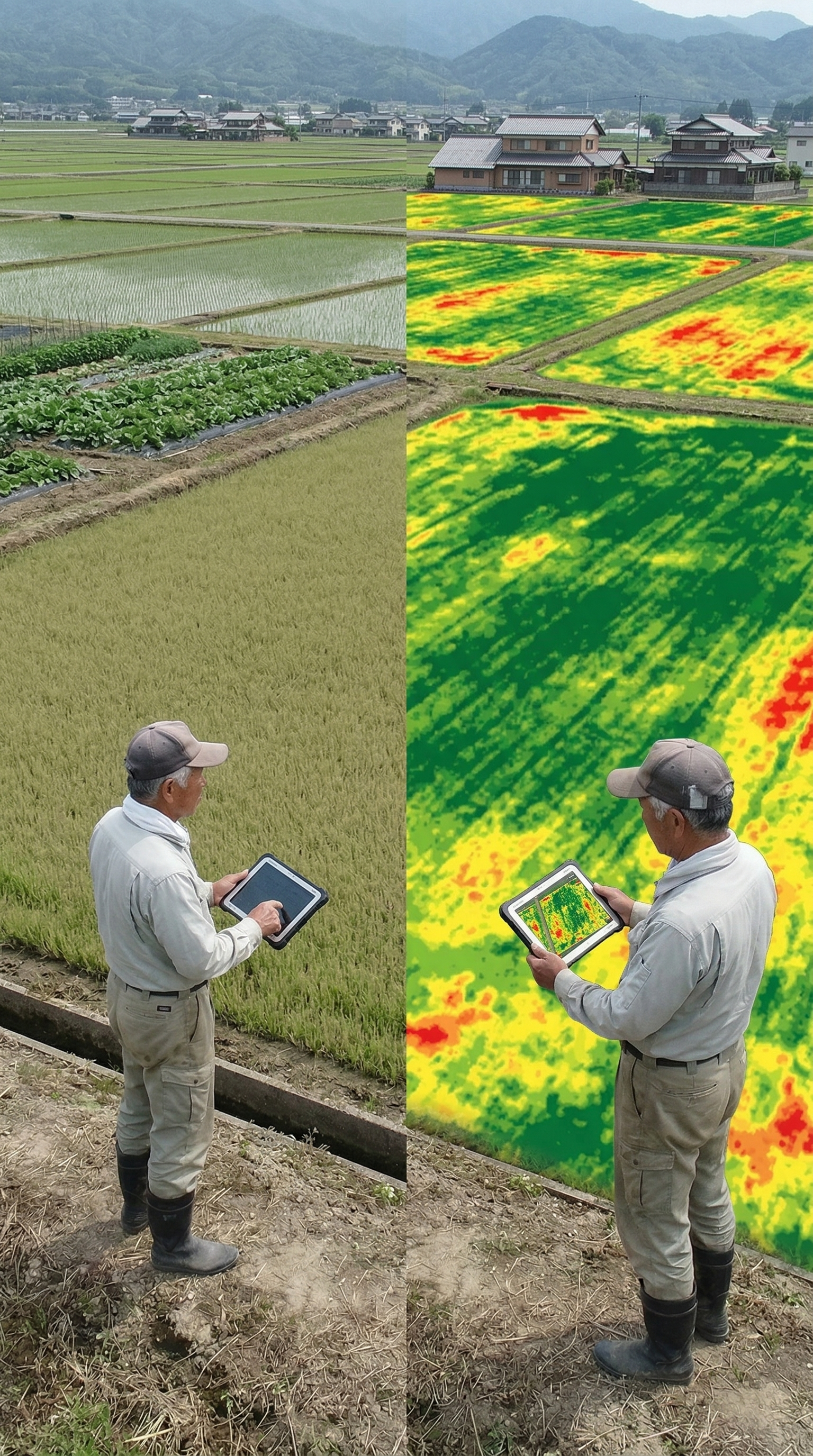 圃場可視化の前後比較：左側は通常の農地風景、右側は NDVI（生育マップ）を重ね合わせた画像。衛星データやセンサーによる生育状況の見える化を強調し、タブレットでデータを確認する農家の様子を表現。