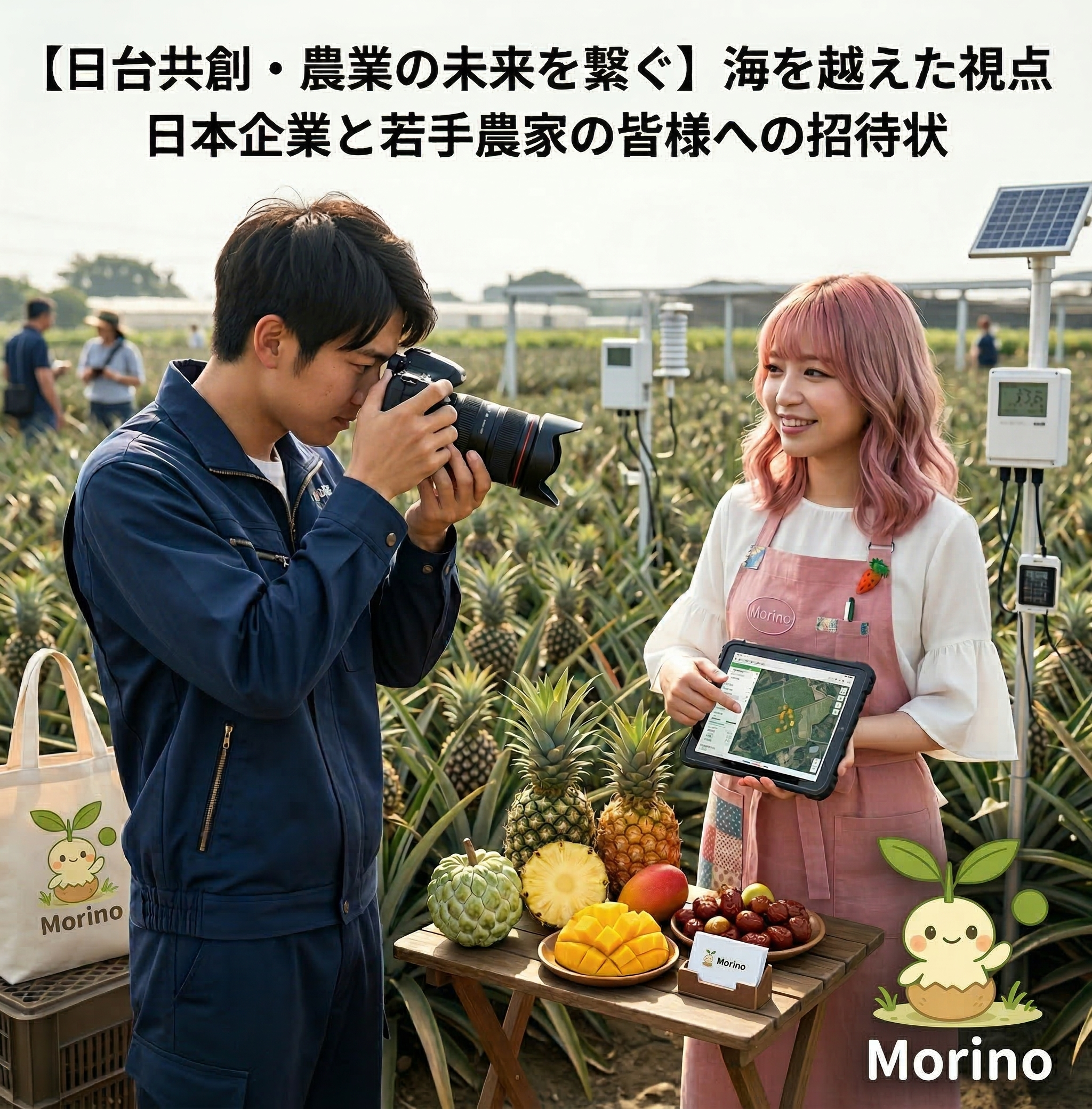 日台農業共創プロジェクト：パイナップル畑での現地視察とスマート農業設備（環境測定装置）の活用風景。