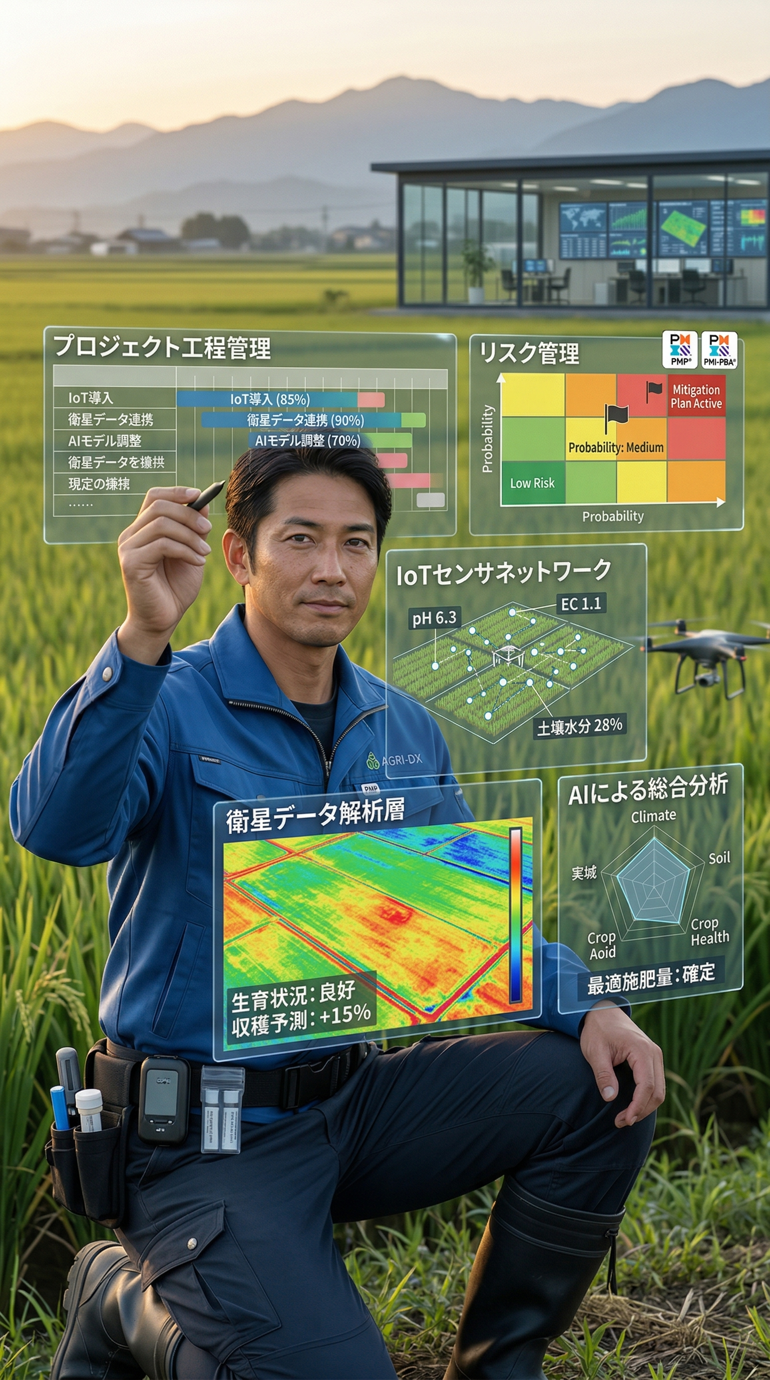 PMP®（プロジェクトマネジメント）と PMI-PBA®（ビジネス分析）の専門知見を活用した農業DX支援のイメージ。青い作業服のコンサルタントが水田で分析を行う背景に、4つのデータパネルをオーバーレイ。左上には工程管理（ガントチャート）、右上にはリスク管理マトリックス、左下には衛星データによる生育解析（収穫15%増予測）、右下にはAIによる施肥最適化分析が表示され、理論と現場を融合させた高度なプロジェクト管理を表現している。