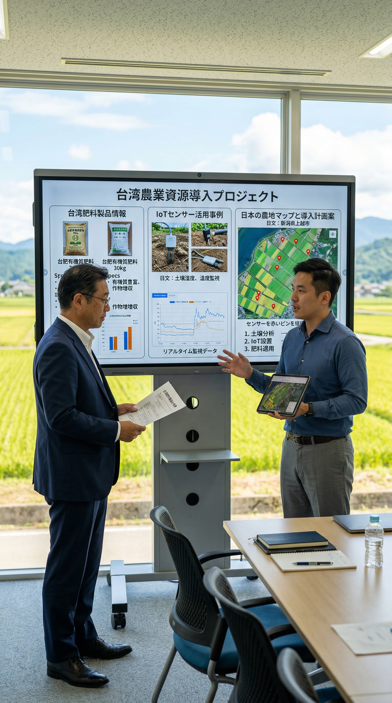 スーツを着た日本企業の責任者と、ビジネスカジュアルな服装の専門家が、大型モニターを前に真剣に話し合っています。モニターには「台湾農業資源導入プロジェクト」というタイトルがあり、台湾の肥料製品、農業用IoTセンサーのデータ、日本の農地マップが映し出されています。場所は明るい会議室で、大きな窓の外には日本の緑豊かな農地が広がっています
