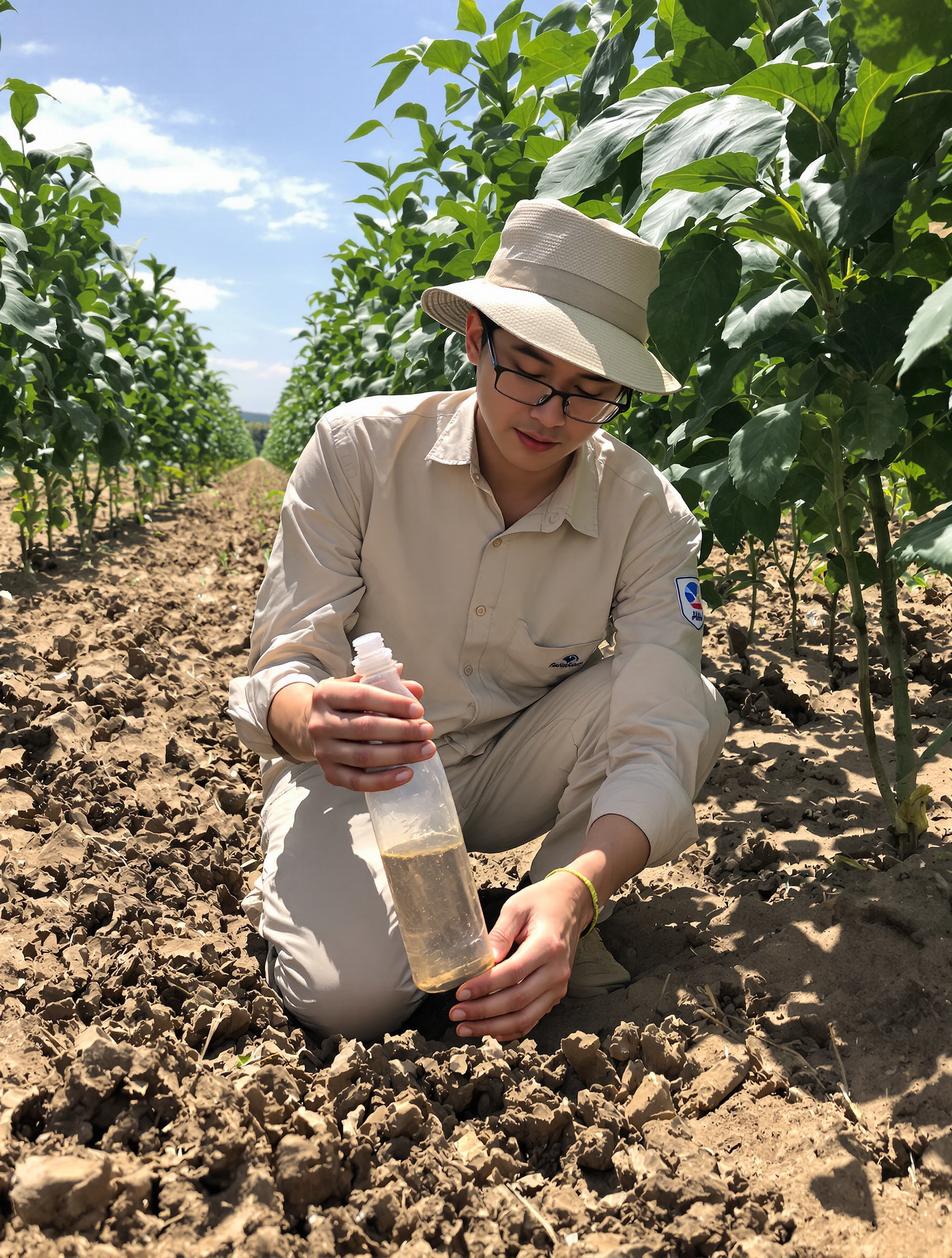 在台灣的開發據點,農業技術人員在炎熱的天氣下手持樣本容器進行作業,背景則是整齊排列的作物畦。
