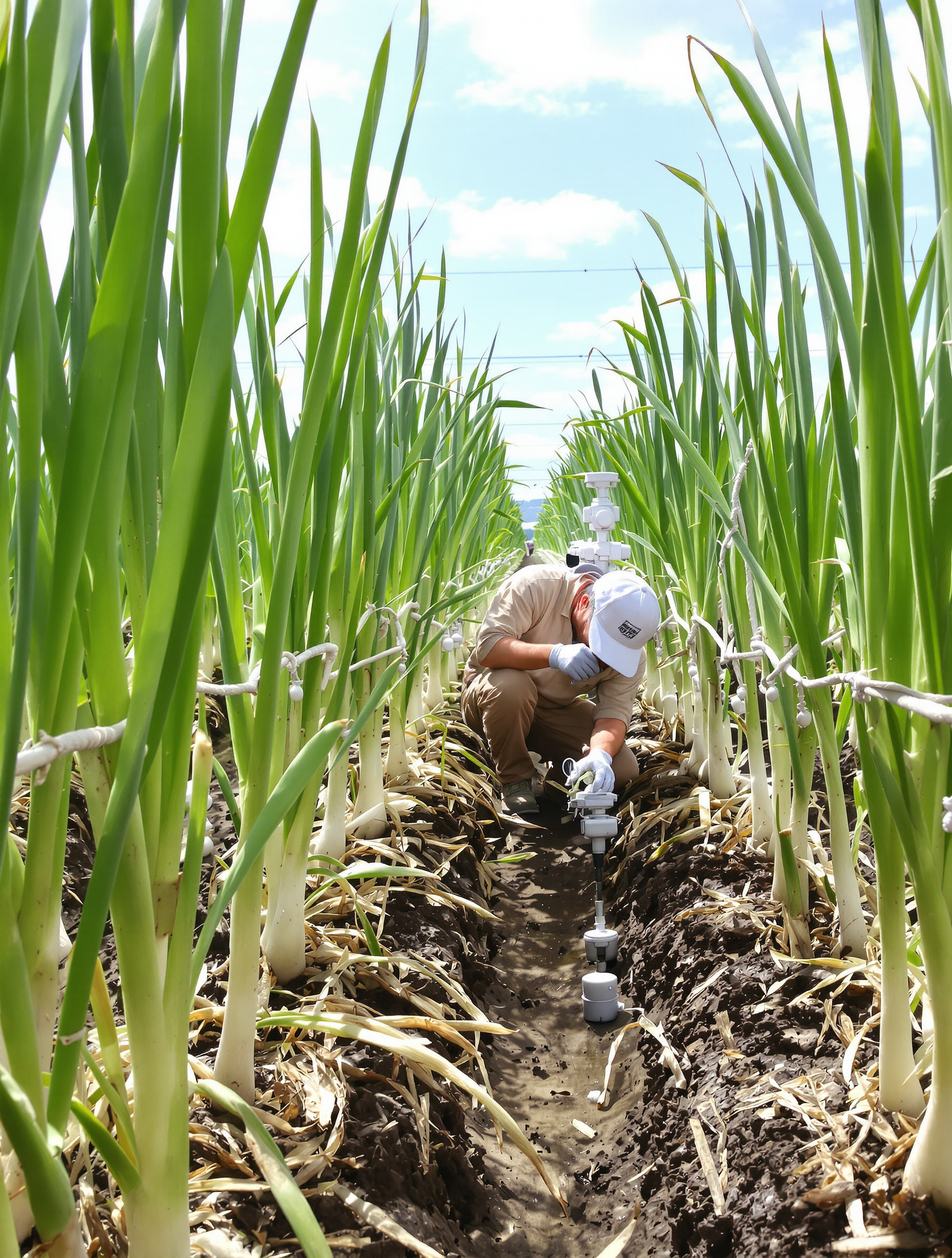 技術人員在日本的田區一邊栽培大蔥,一邊驗證智慧農業技術。現場可見感測器與遮光網等設施。