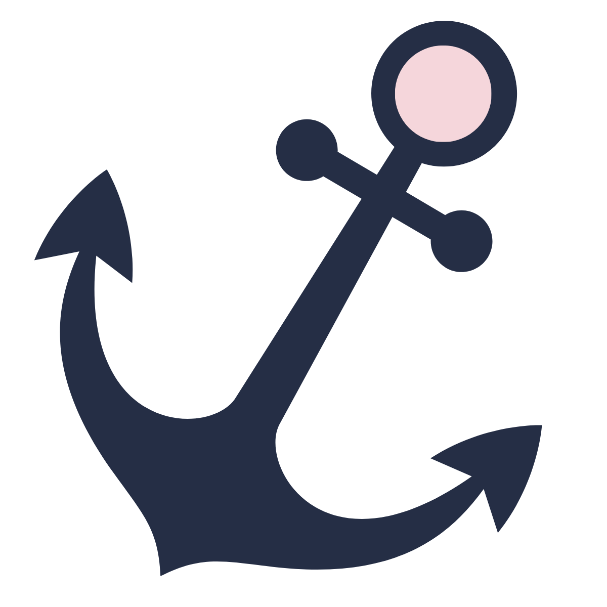 A stylized dark blue anchor with a pink circle around the top of its shank.