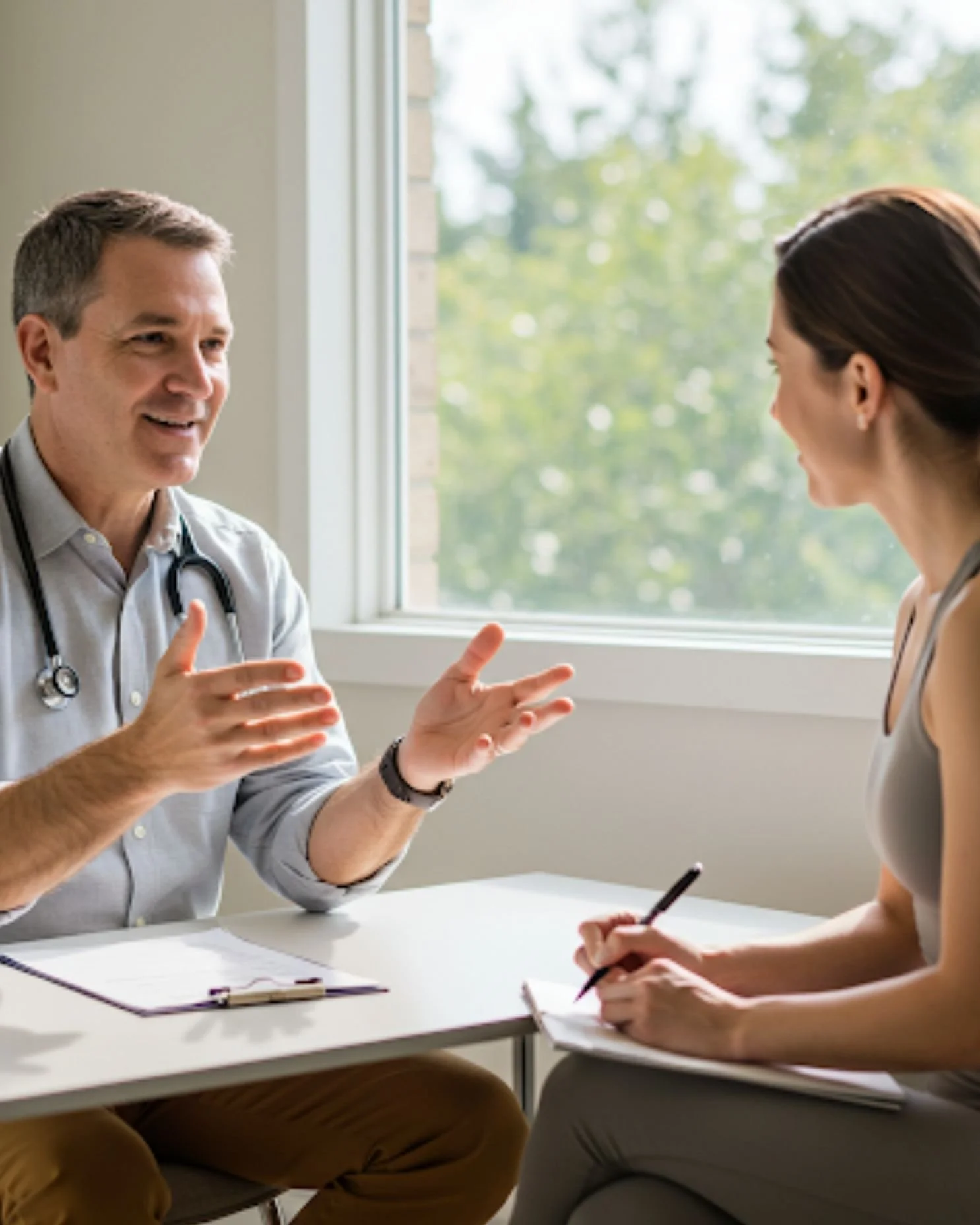 A rooftop terrace surrounded by palm trees, with seating areas, tables, and people enjoying the outdoor space.
