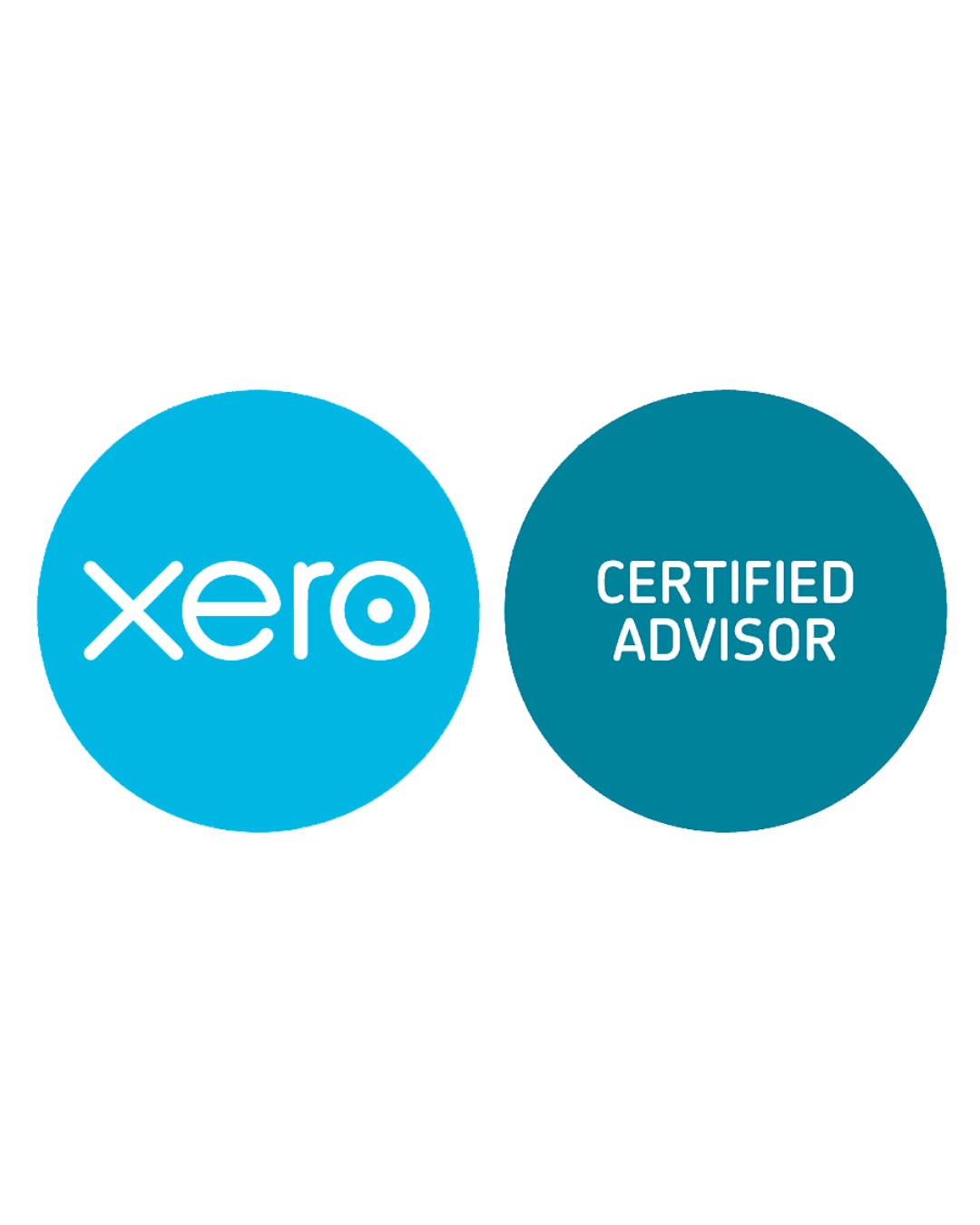 Xero Certified Advisor badge with two blue circles, one with the Xero logo and the other with the words Certified Advisor.