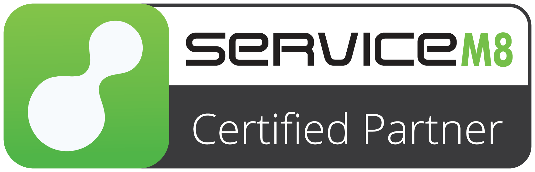 ServiceM8 Certified Partner logo with a green icon featuring two connected circles and black and white text.