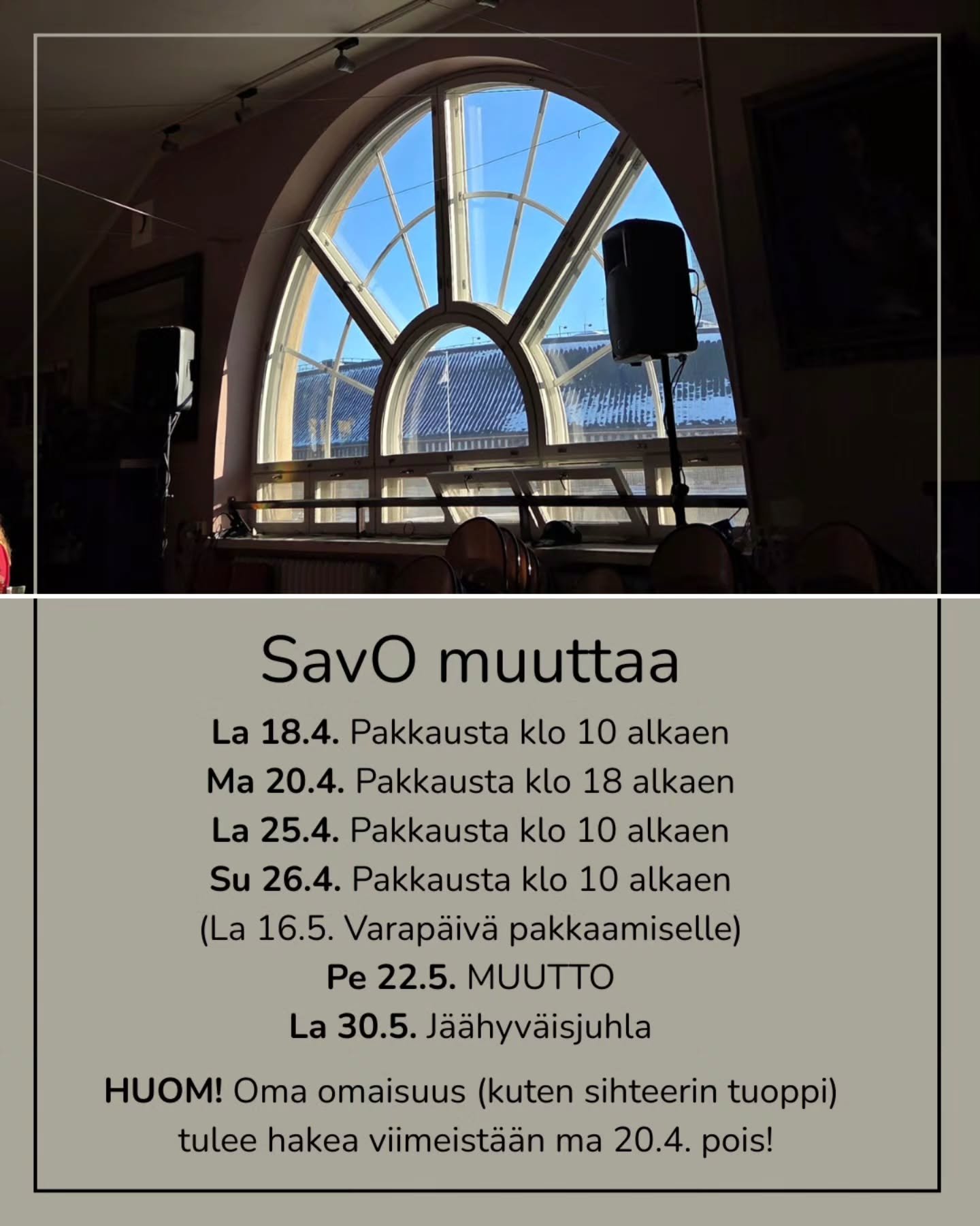 Muistutus muuttohommista 📦

La 18.4. Ensimm&auml;inen muuttotalkoop&auml;iv&auml;. Pakataan tavaraa laatikoihin. Samalla tehd&auml;&auml;n valmisteluja seuraavan viikon muuttohommia varten (sortataan tavaraa, tyhjennet&auml;&auml;n kaappeja/hyllyj&a