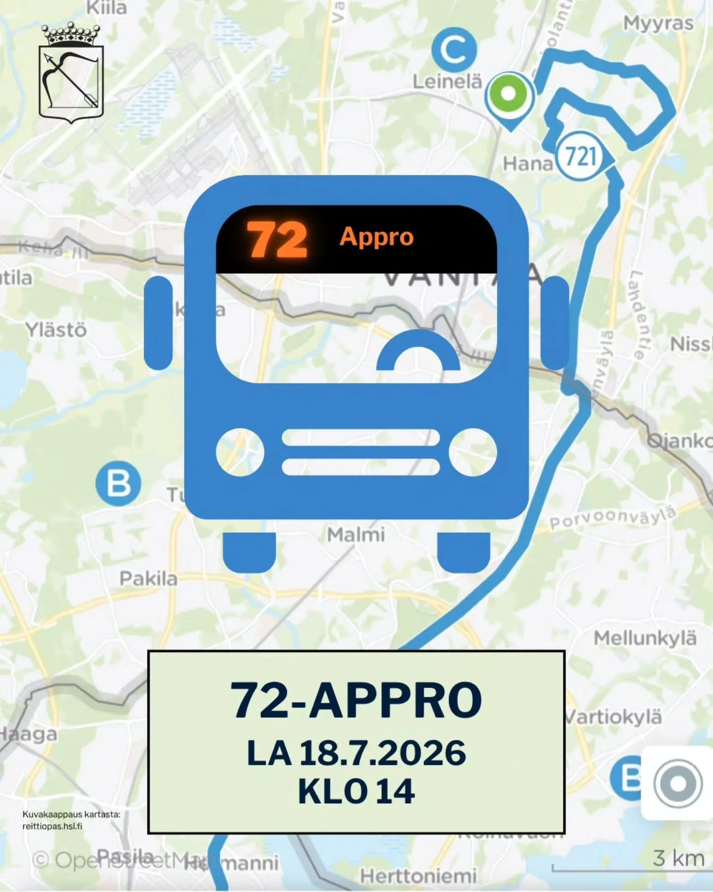 72-APPRO LA 18.7. 🚎🔥

Bussiappro saapuu j&auml;lleen iloksemme, t&auml;ll&auml; kertaa bussilla numero 721 lauantaina 18.7.! 🌊

Juhlistamme 72. Tervist&auml; approlla, joka alkaa klo 14 Vantaalta (Koivukyl&auml;st&auml;) ja siirtyy illan mittaan b