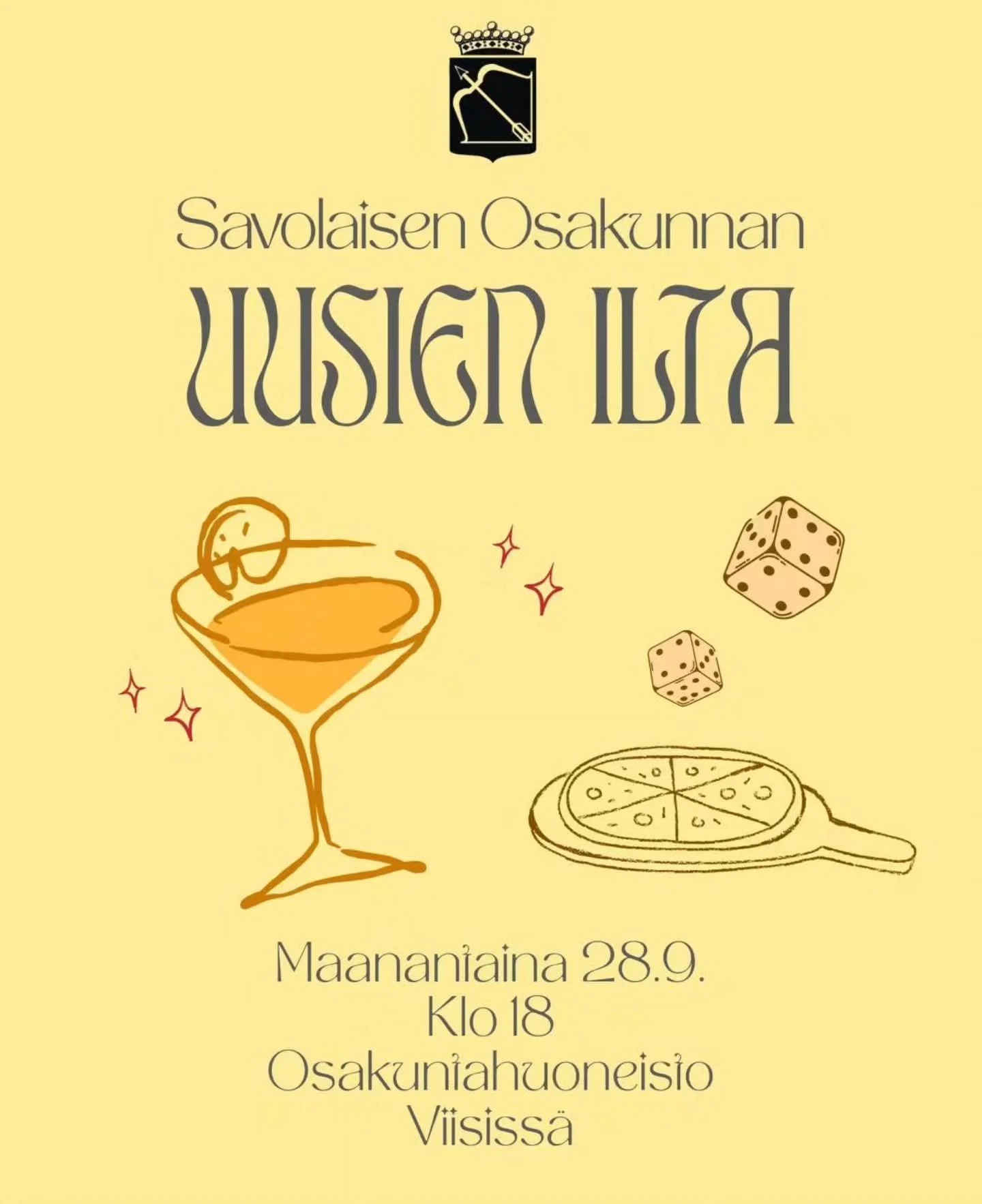 SAVON UUSIEN ILTAMA MA 28.9. 🍹🧸🎲

Savolaisen osakunnan Uusien iltaa vietet&auml;&auml;n ensi maanantaina 28.9. klo 18 alkaen Viisiss&auml; (Lapinrinne 1 A, 5. kerros). Uusien ilta on erityisesti osakunnan vukseille tarkoitettu tapahtuma, jossa p&a
