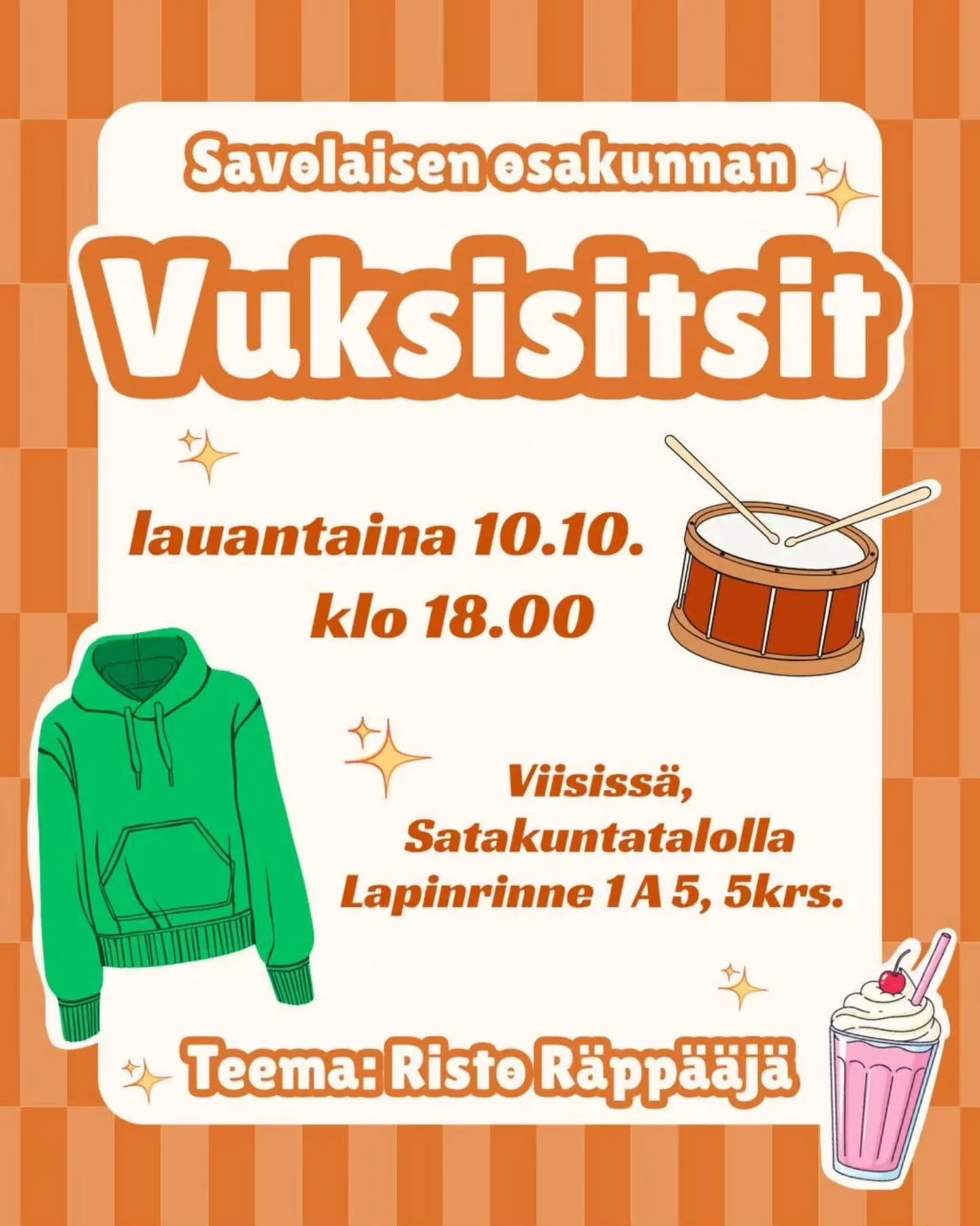 Savolaisen osakunnan Vuksisitsit j&auml;rjestet&auml;&auml;n lauantaina 10.10.!

Vuksisitseill&auml; on tarkoitus tutustua osakuntaan, akateemiseen sitsikulttuuriin sek&auml; uusiin osakuntakavereihin. Iltaan kuuluvat tietysti my&ouml;s sitsilaulut j