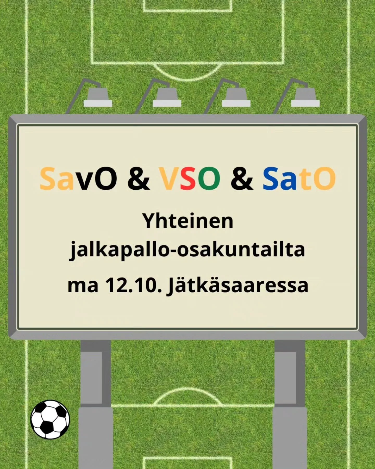 Jalkapalloa VSO:n ja SatOn kanssa!

12.10. Osakuntaillassa pelataan jalkapalloa J&auml;tk&auml;saaressa v&auml;limerenpuiston pallokent&auml;ll&auml; Varsinaissuomalaisen osakunnan ja Satakuntalaisen Osakunnan kanssa. Jalkapallon pelaamisen j&auml;lk