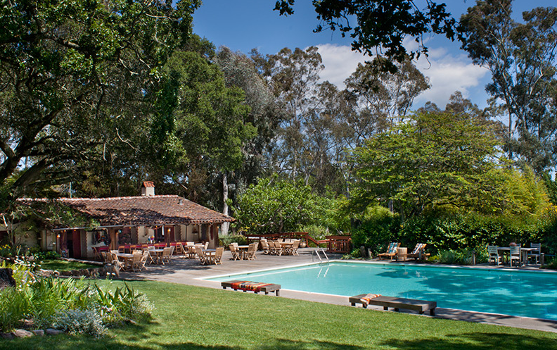 Outdoor pool area with trees, patio furniture, and a rustic cottage