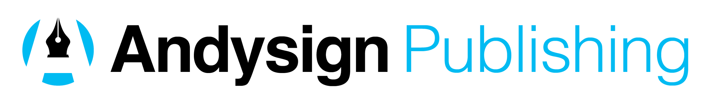 Logo for Andysign Publishing featuring a fountain pen nib enclosed in a circle with blue accents and the company name in black and blue text.