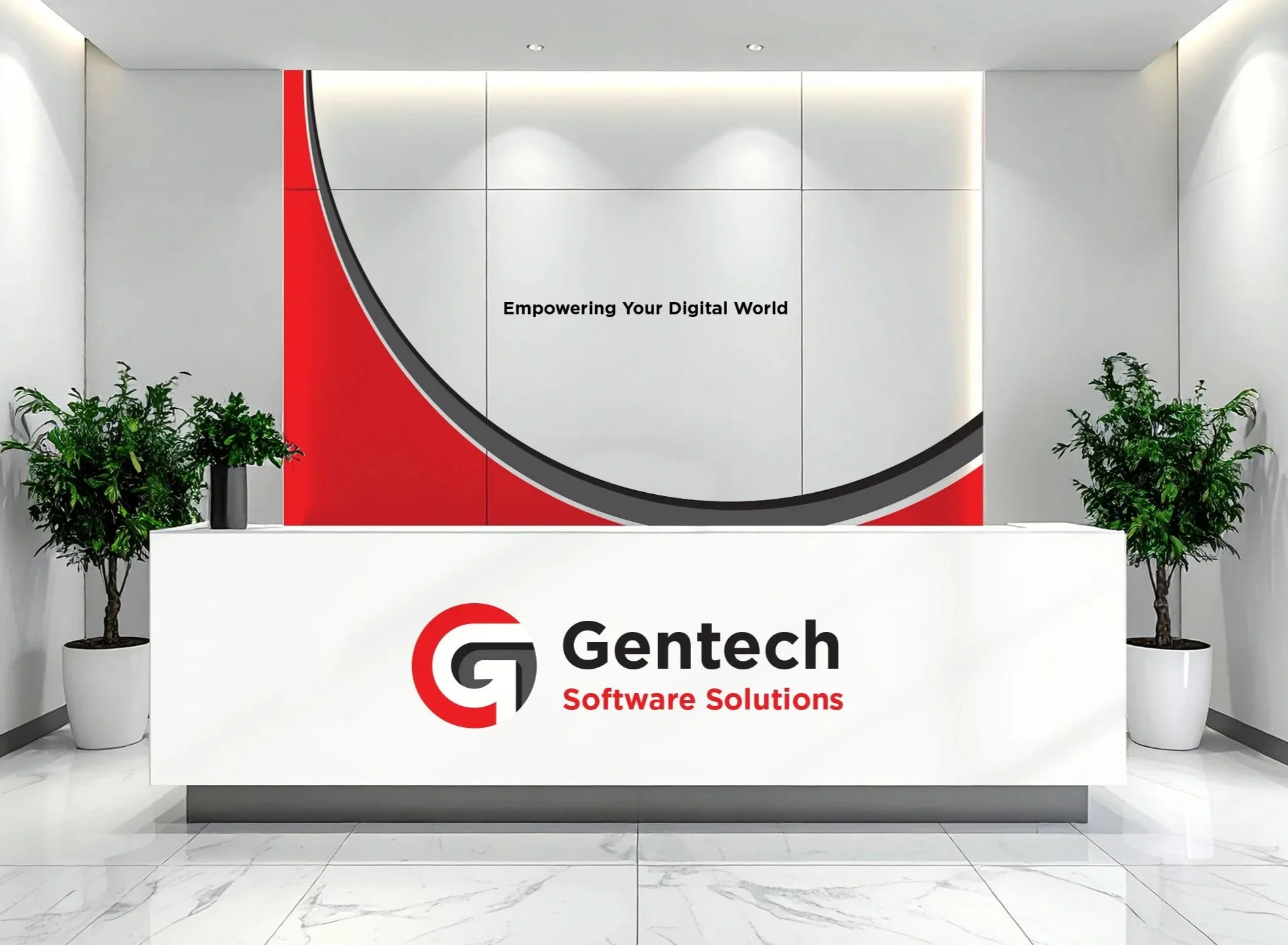 Modern corporate reception area with a white desk displaying the Gentech Software Solutions logo, flanked by potted green plants, and a wall with a graphic design and the slogan "Empowering Your Digital World."