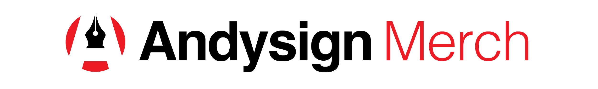 Logo of Andysign Merch with a stylized fountain pen nib and people holding hands around it.
