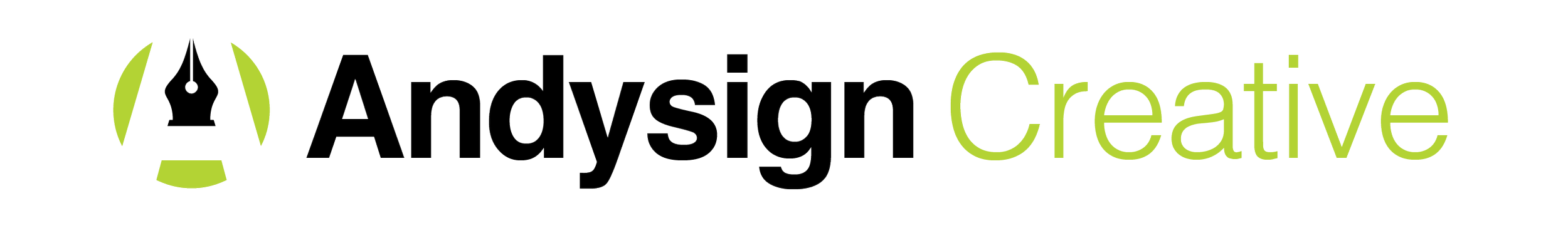 Logo for Anydsign Creative featuring a fountain pen nib icon and the company name in black and green text