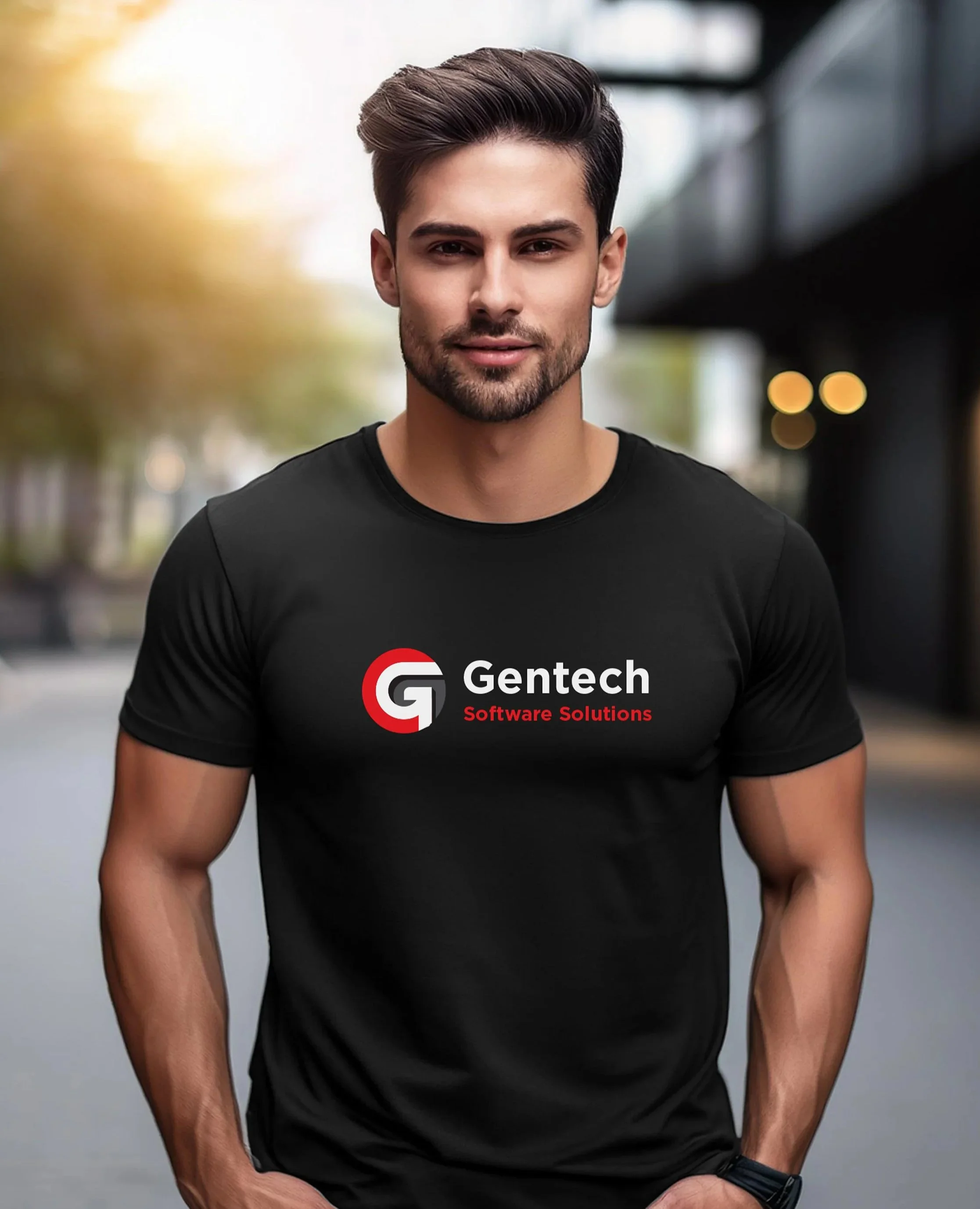 A young man with brown hair and a beard wearing a black t-shirt with the logo and text 'Gentech Software Solutions' printed on it, standing outdoors in a city setting with blurred background and sunlight.