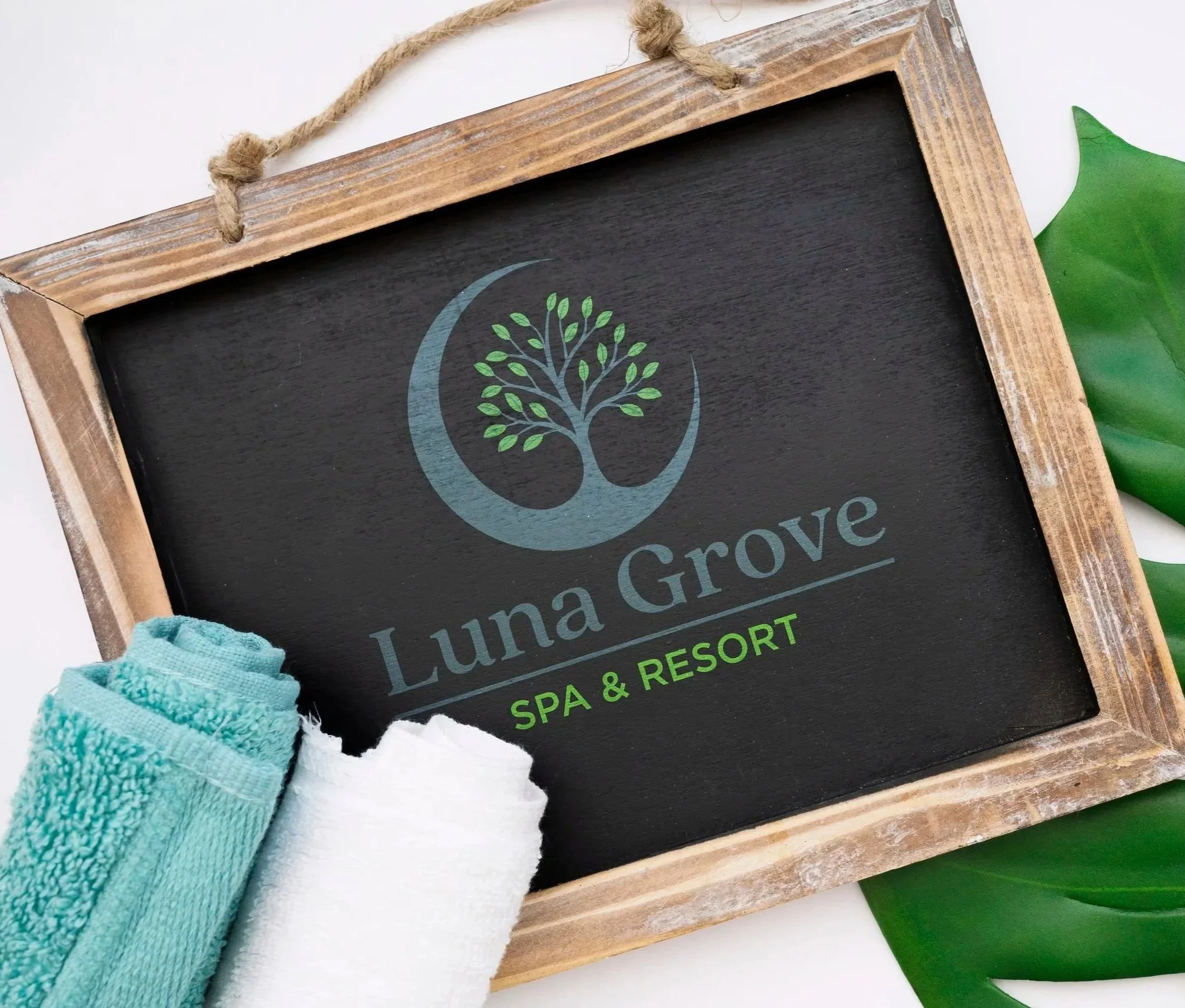 A wooden sign with a black background displaying a logo for Luna Grove Spa & Resort, featuring a tree inside a crescent moon, with teal and green towels and green leaves nearby.