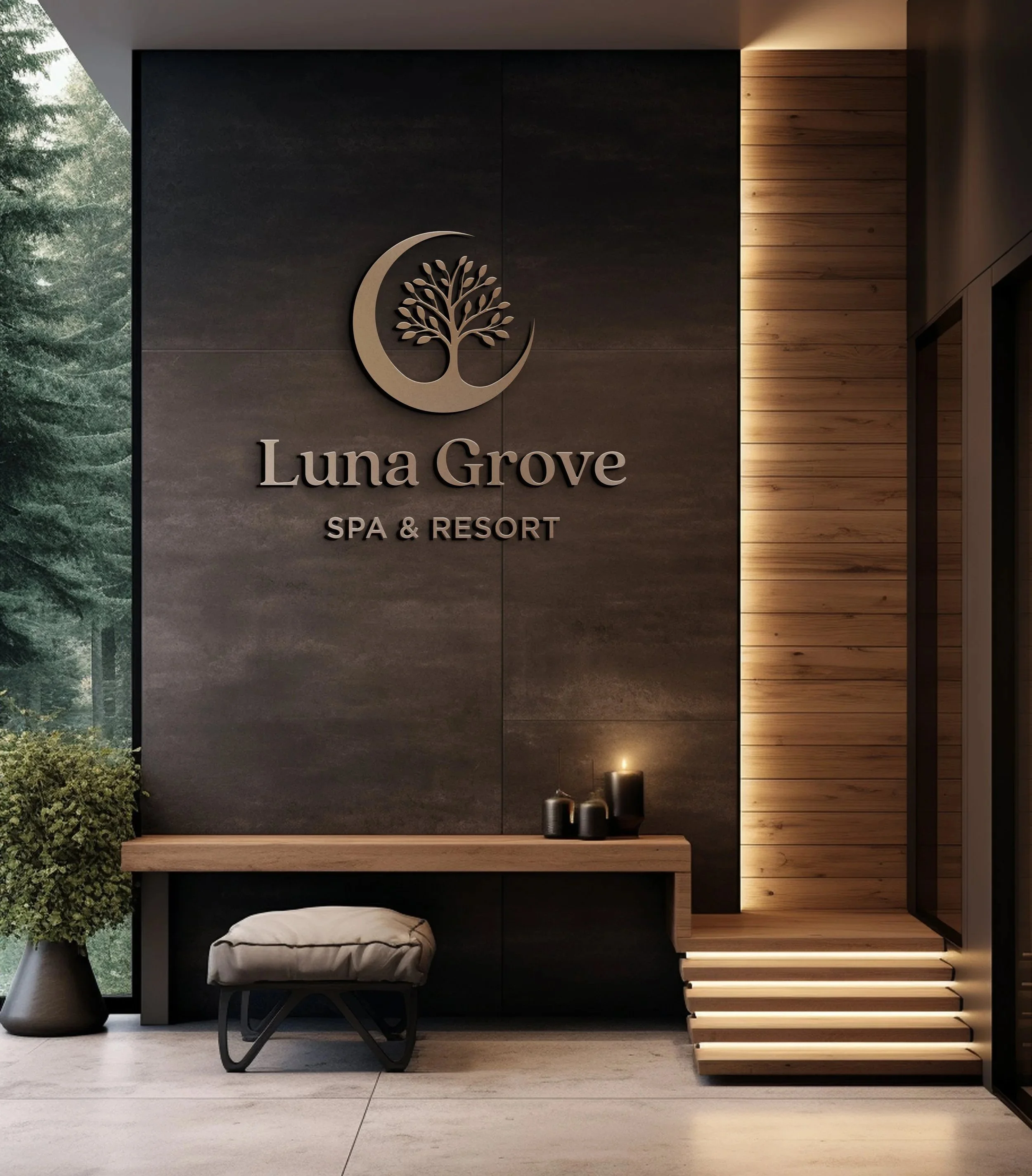 Interior of Luna Grove Spa & Resort with dark wall, wooden accents, black candles, and a bench with cushion, near a large window showing trees outside.
