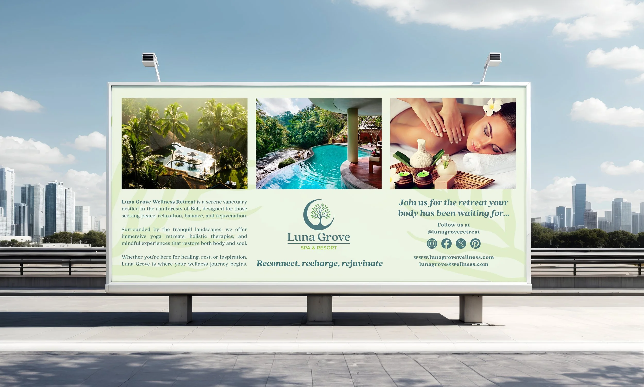 Billboard advertisement for Luna Grove Wellness Retreat, showing images of a tropical resort, swimming pool, and a woman receiving a massage, with details about wellness and contact info.