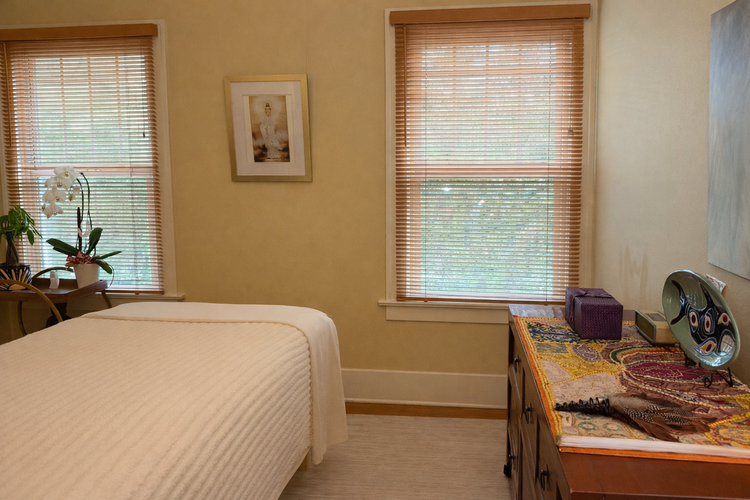 Comfortable treatment room with a bed, two windows with blinds, a plant on a table, a framed picture on the wall, and a dresser with decorative items.
