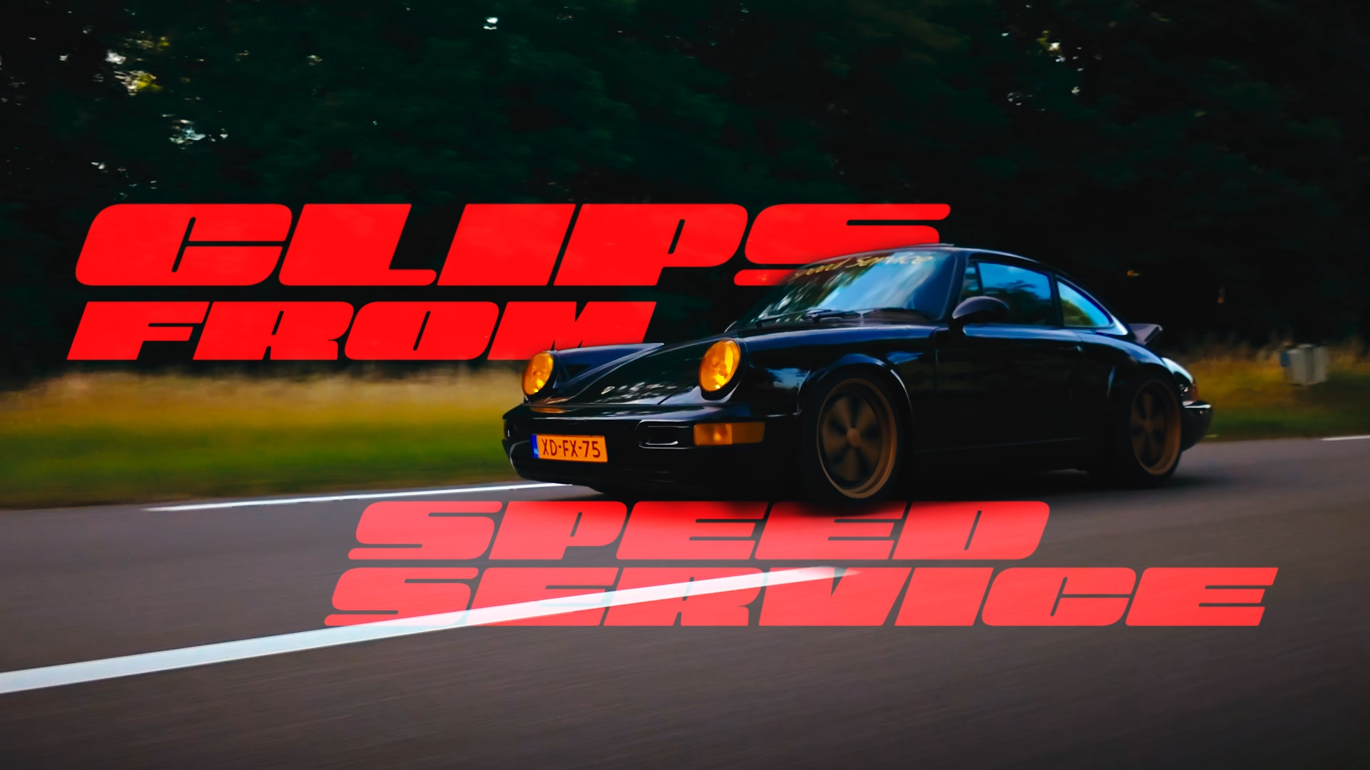 A black sports car on a road with a background of trees and grass, overlaid with bold red text that reads 'clips from speed service'.