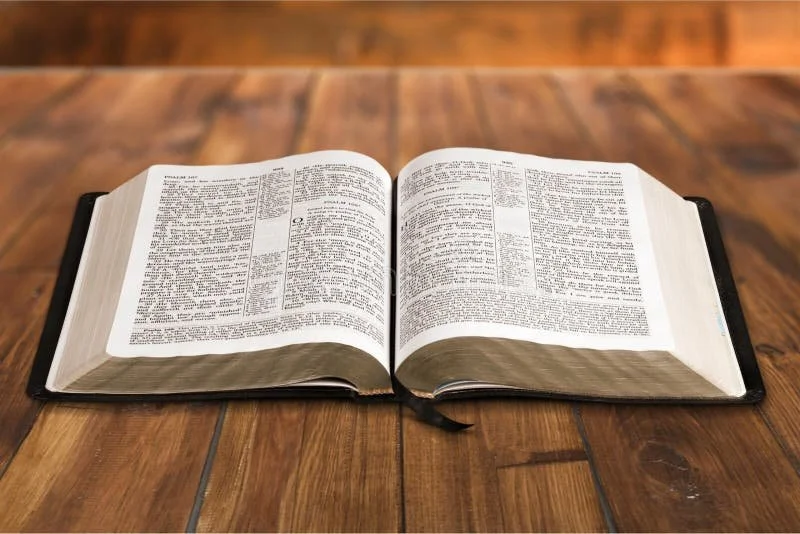 An open Bible resting on a wooden floor, with two pages visible filled with small text.