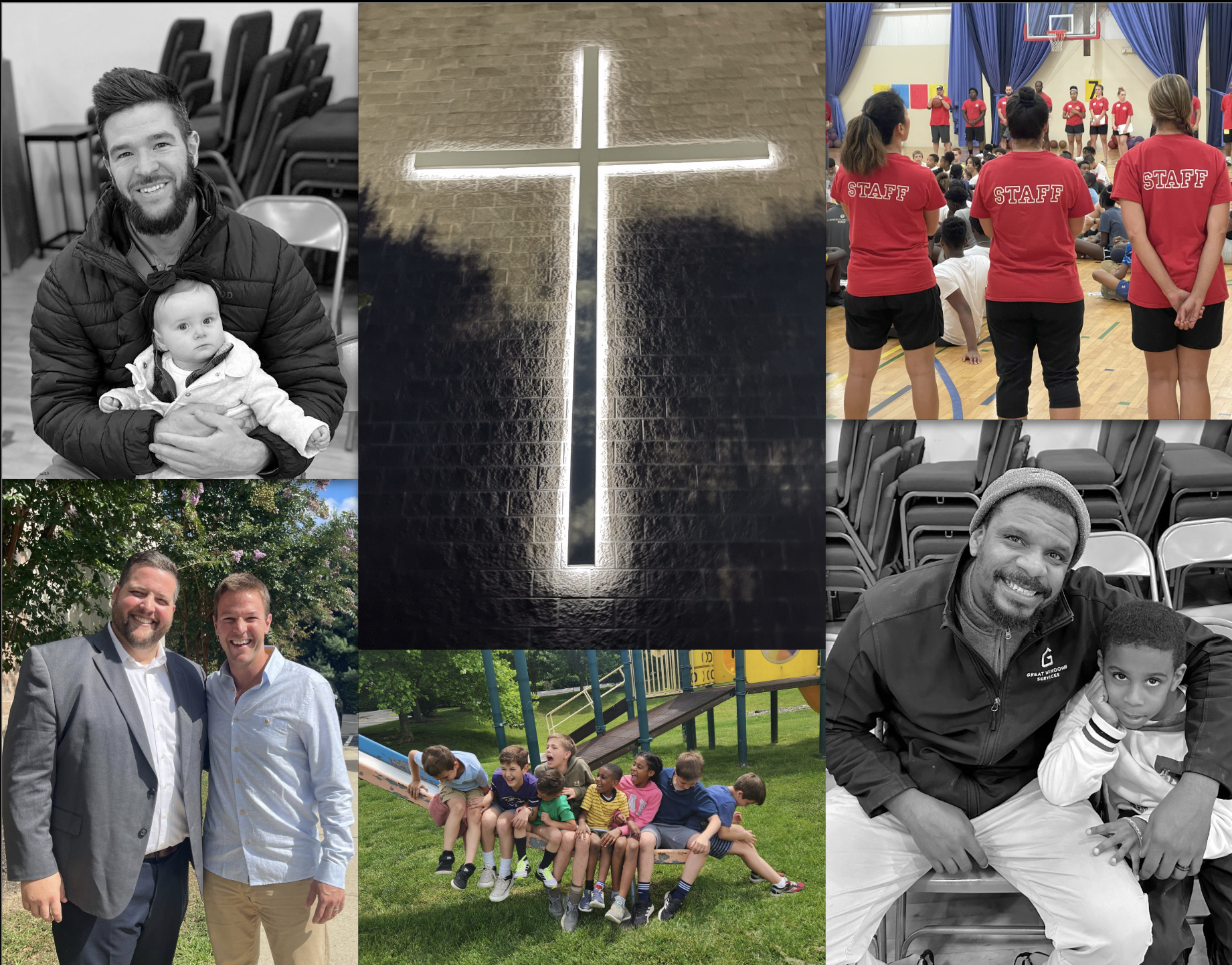 Collage of photos including a man holding a baby, a cross with light shining around it, staff members at an indoor event, two men dressed formally outdoors, children playing on a playground, and a man with a young boy sitting on chairs.