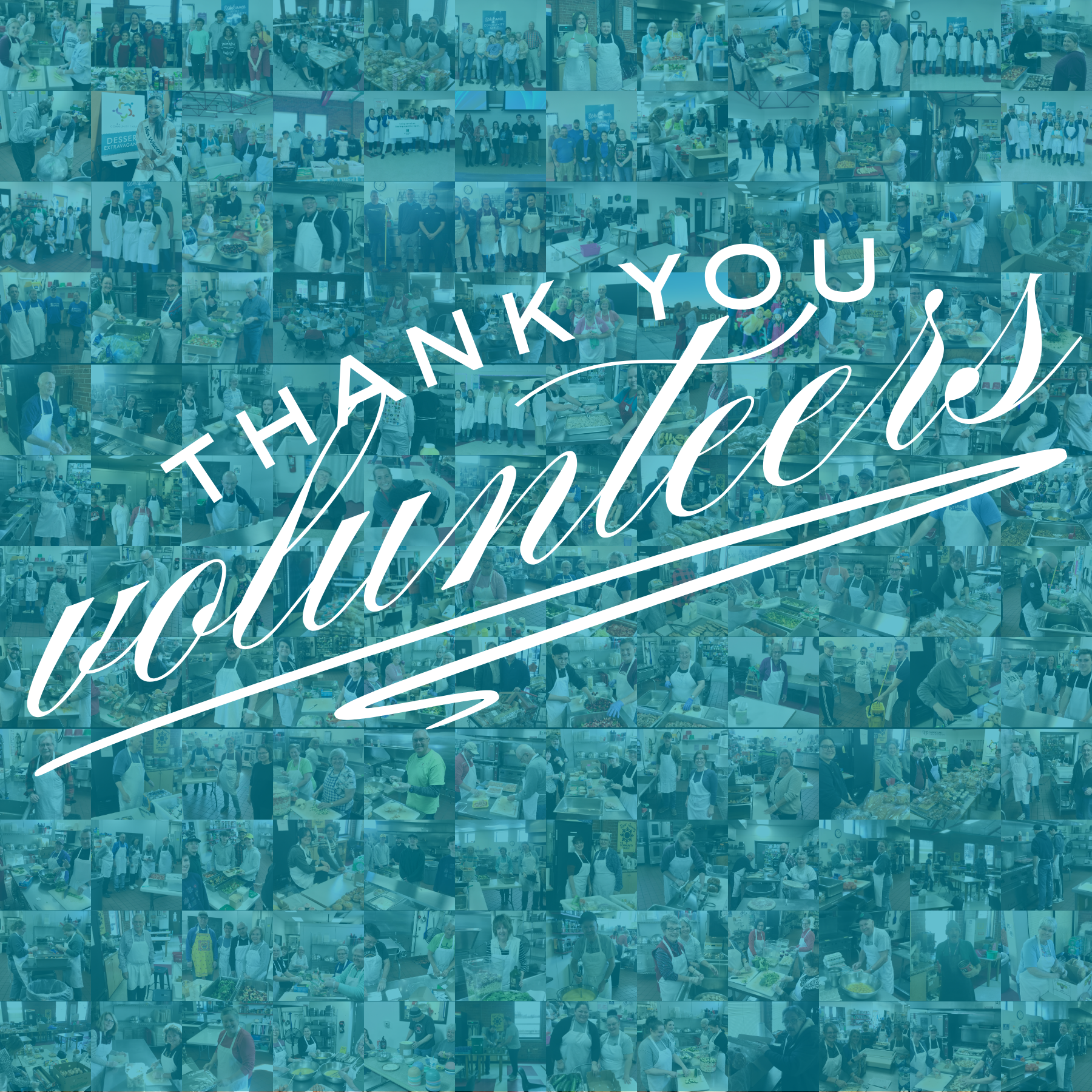A collage of many people participating in a community cooking and baking event, with some wearing aprons, preparing food in kitchens, and posing for photos. A large message reading 'Thank You, Volunteers' is overlaid on the collage.