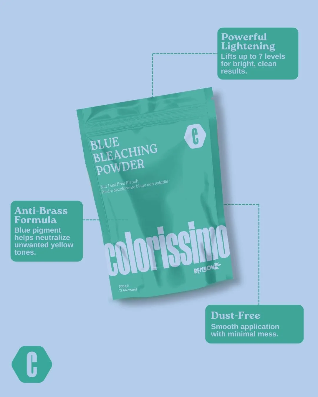 We care about your clients hair health as much as you do. 💙
 
Colorissimo Dust Free Blue Bleaching Powder lifts up to 6+ levels while conditioning &amp; providing lasting colour.