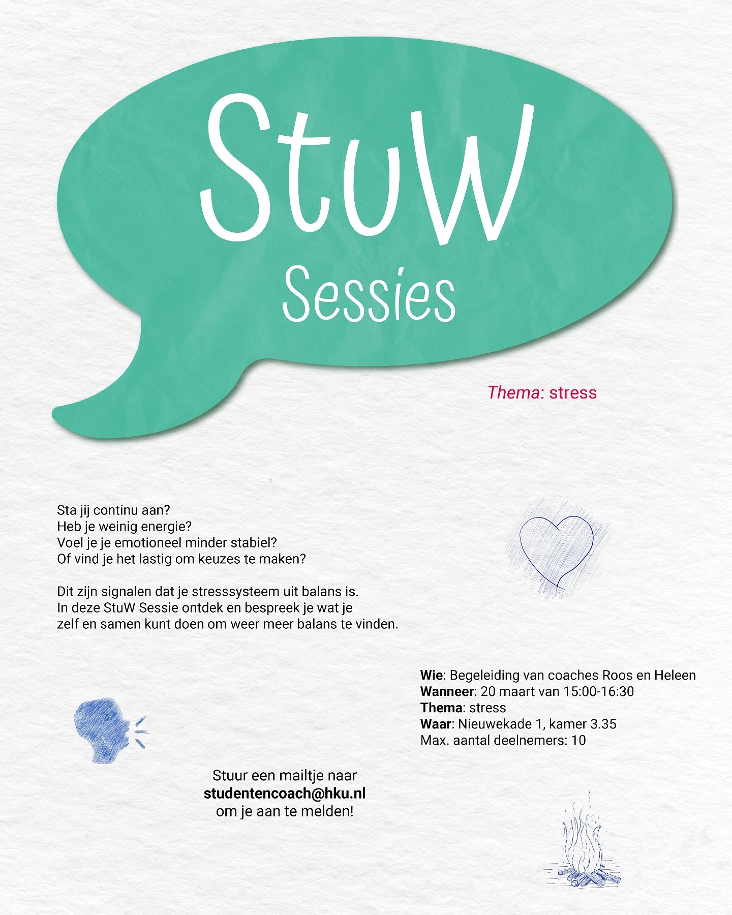 Nieuw in het hulpaanbod: StuW Sessies! 🤝💡

Hoe fijn is het om je verhaal te delen en erkenning te vinden? 
Coaches Roos en Heleen begeleiden de Stuw Sessies, waarin kleine groepen van maximaal 10 HKU-studenten in gesprek gaan over een specifiek the