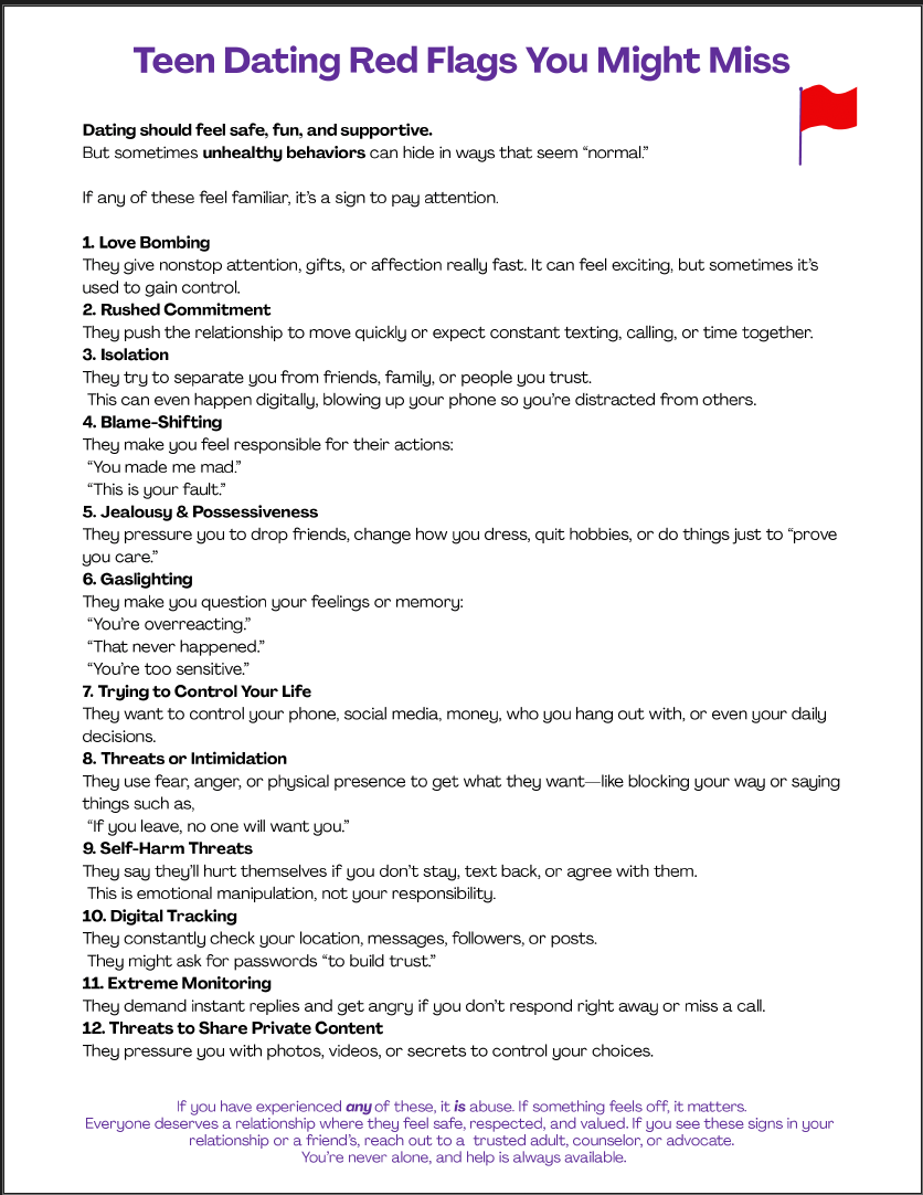 List of 12 red flags in teen dating, including love bombing, rushed commitment, isolation, blame-shifting, jealousy and possessiveness, gaslighting, trying to control life, threats or intimidation, self-harm threats, digital tracking, extreme monitoring, and threats to share private content, with explanations and advice.
