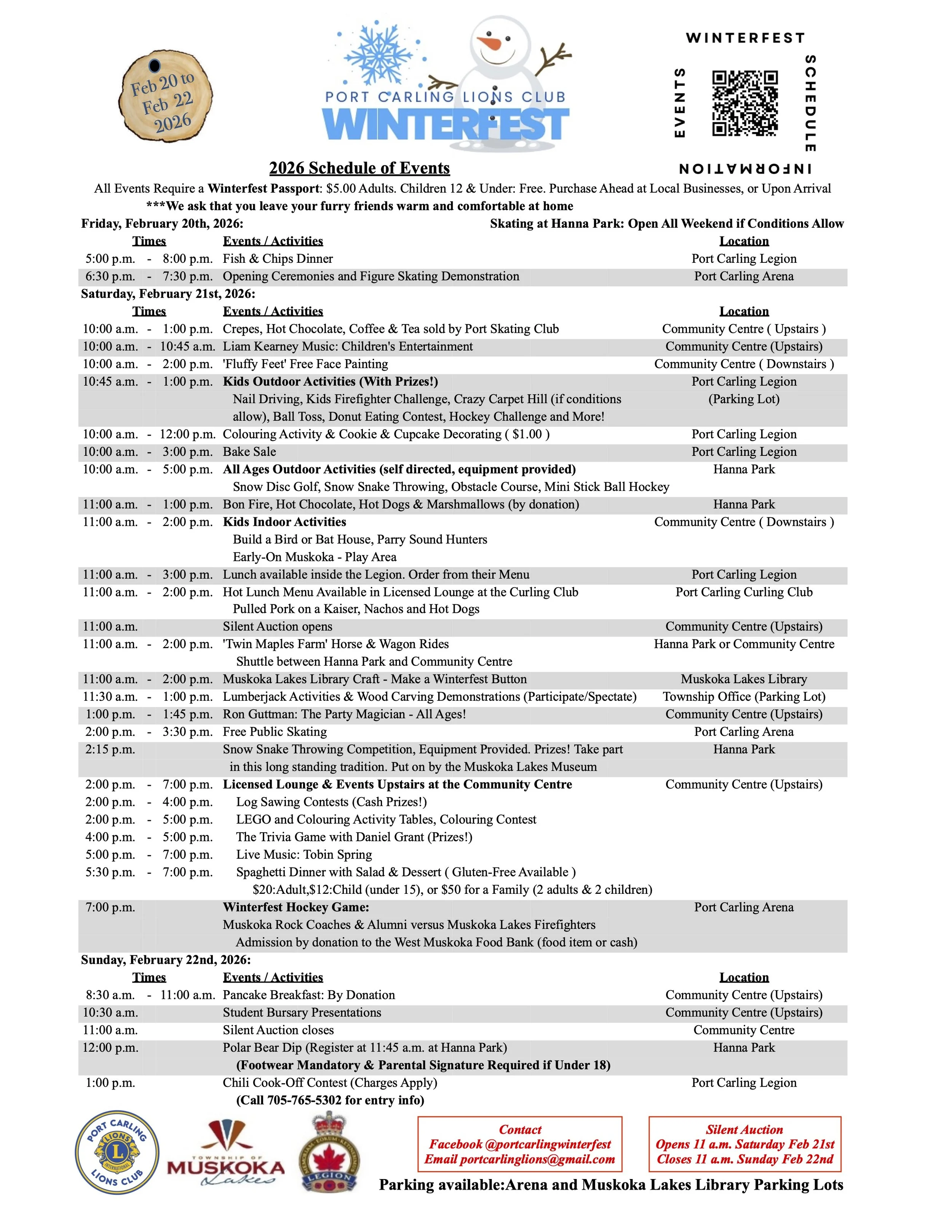 Schedule of Winterfest events from February 20 to 22, 2026, with activities including ice skating, outdoor games, food sales, children's entertainment, craft making, sledding, and a hockey game, along with contact information and logos at the bottom.