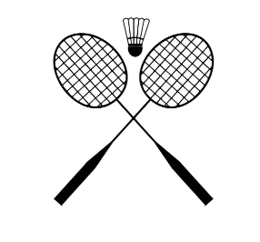 Deux raquettes de badminton croisées avec un volant au centre.