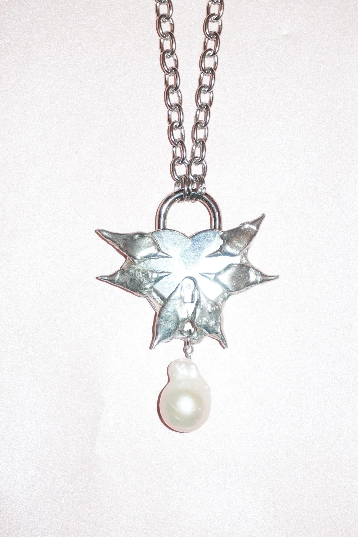 My Dearest World spiky heart lock & baroque pearl chain necklace