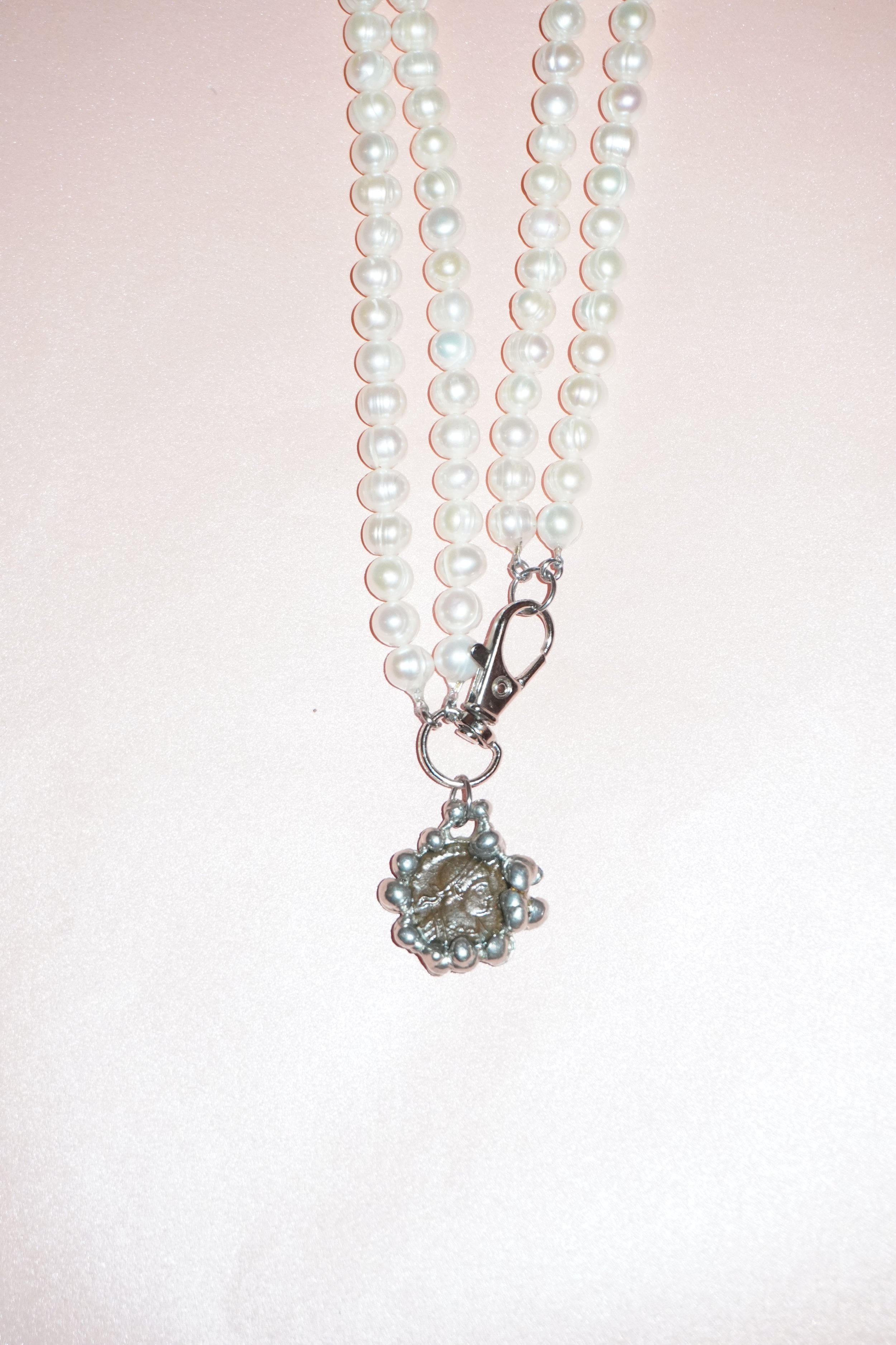 my dearest world double strand white pearl Roman Coin Necklace