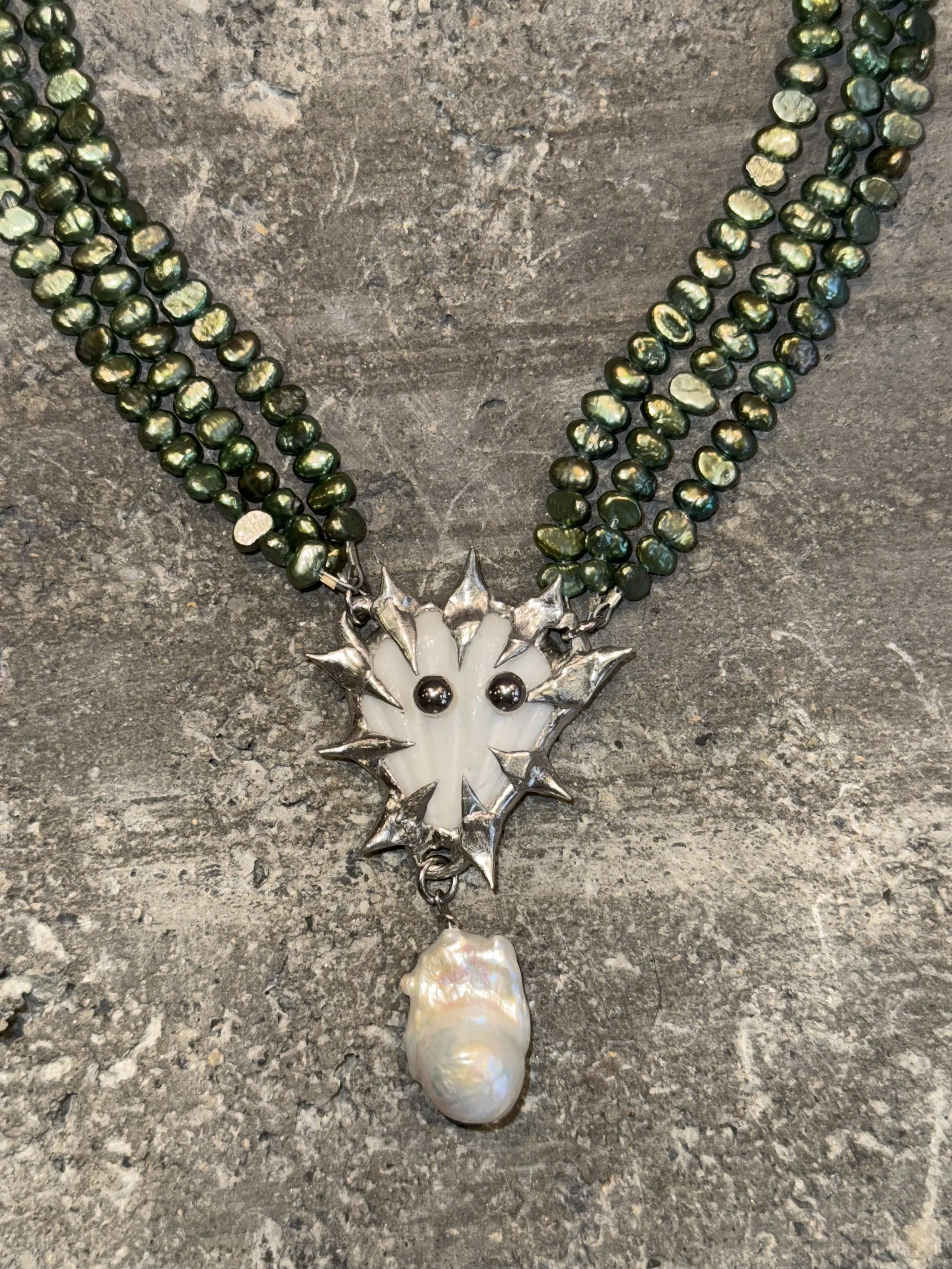 my dearest world Triple Strand Green Freshwater Pearl Necklace