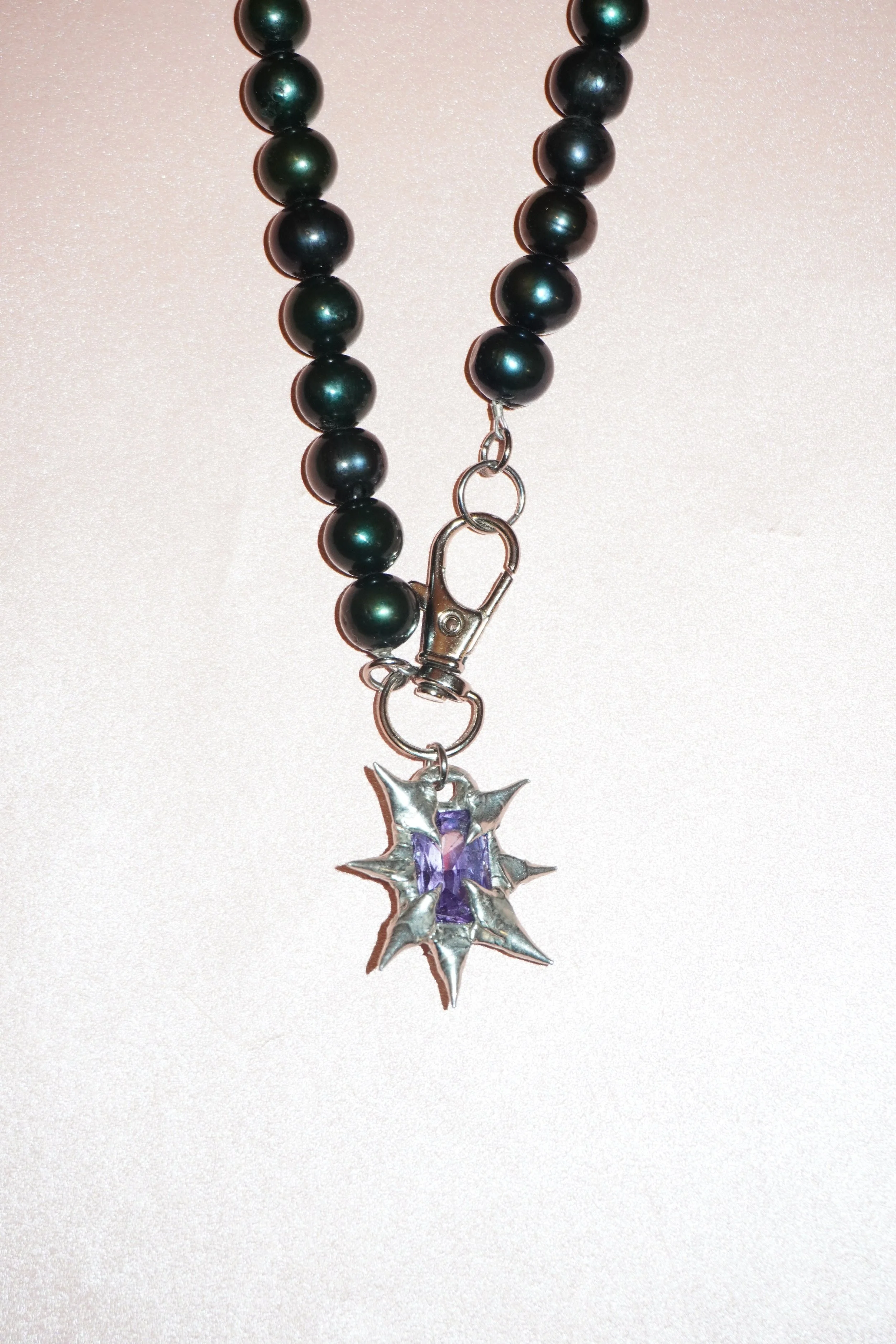 My Dearest World black pearl necklace with spiky gem & keychain clasp