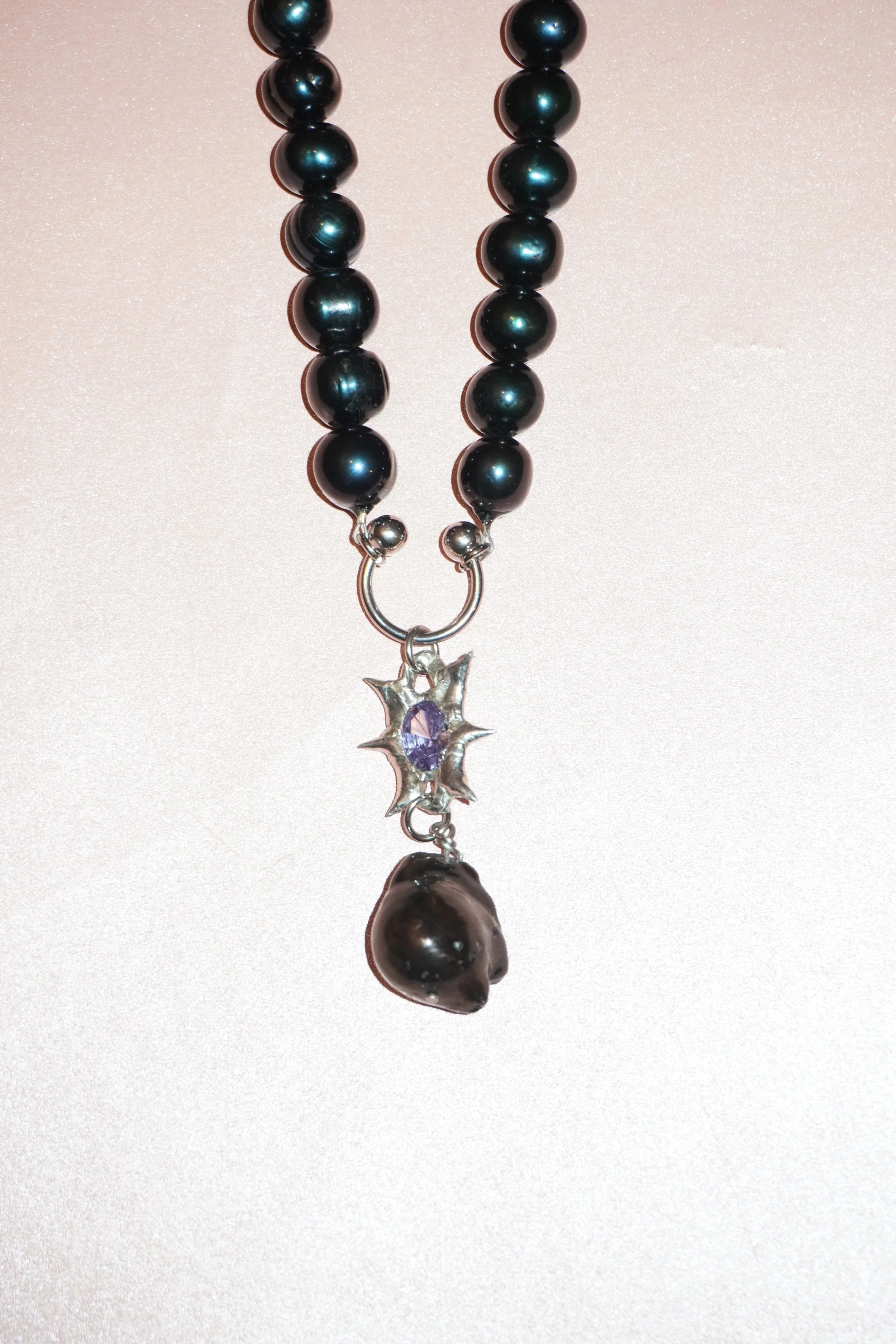 My Dearest World black pearl necklace with pierced spiky gem & baroque pearl