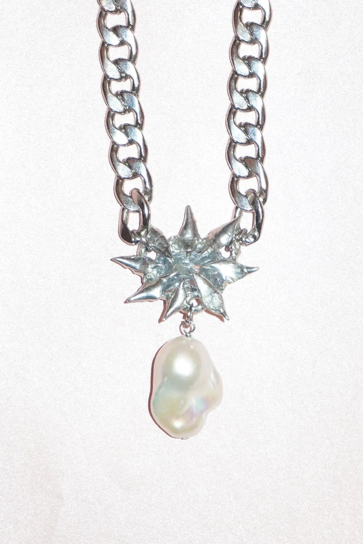 My Dearest World spiky gem & baroque pearl cuban chain necklace
