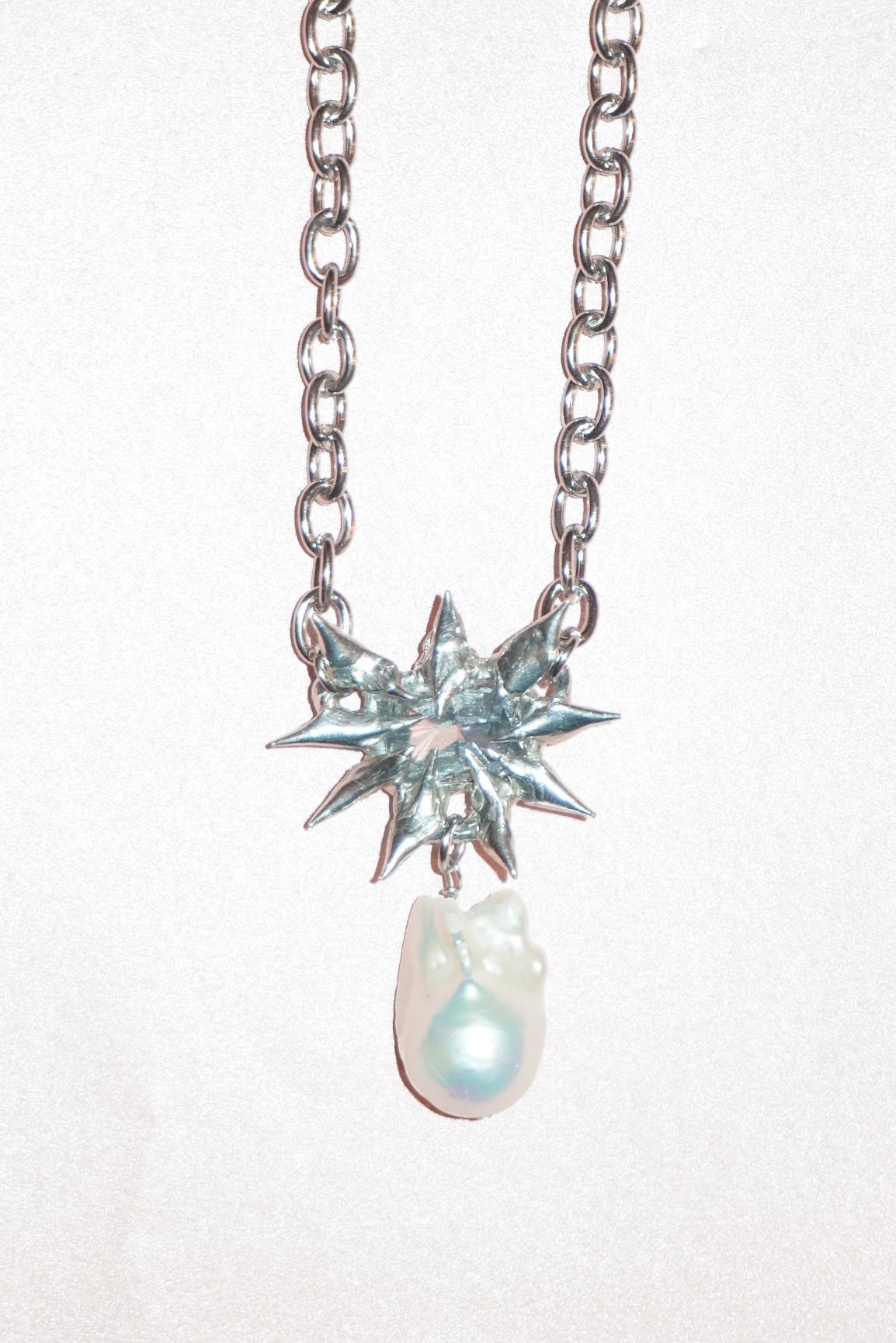 My Dearest World spiky gem & baroque pearl chain necklace