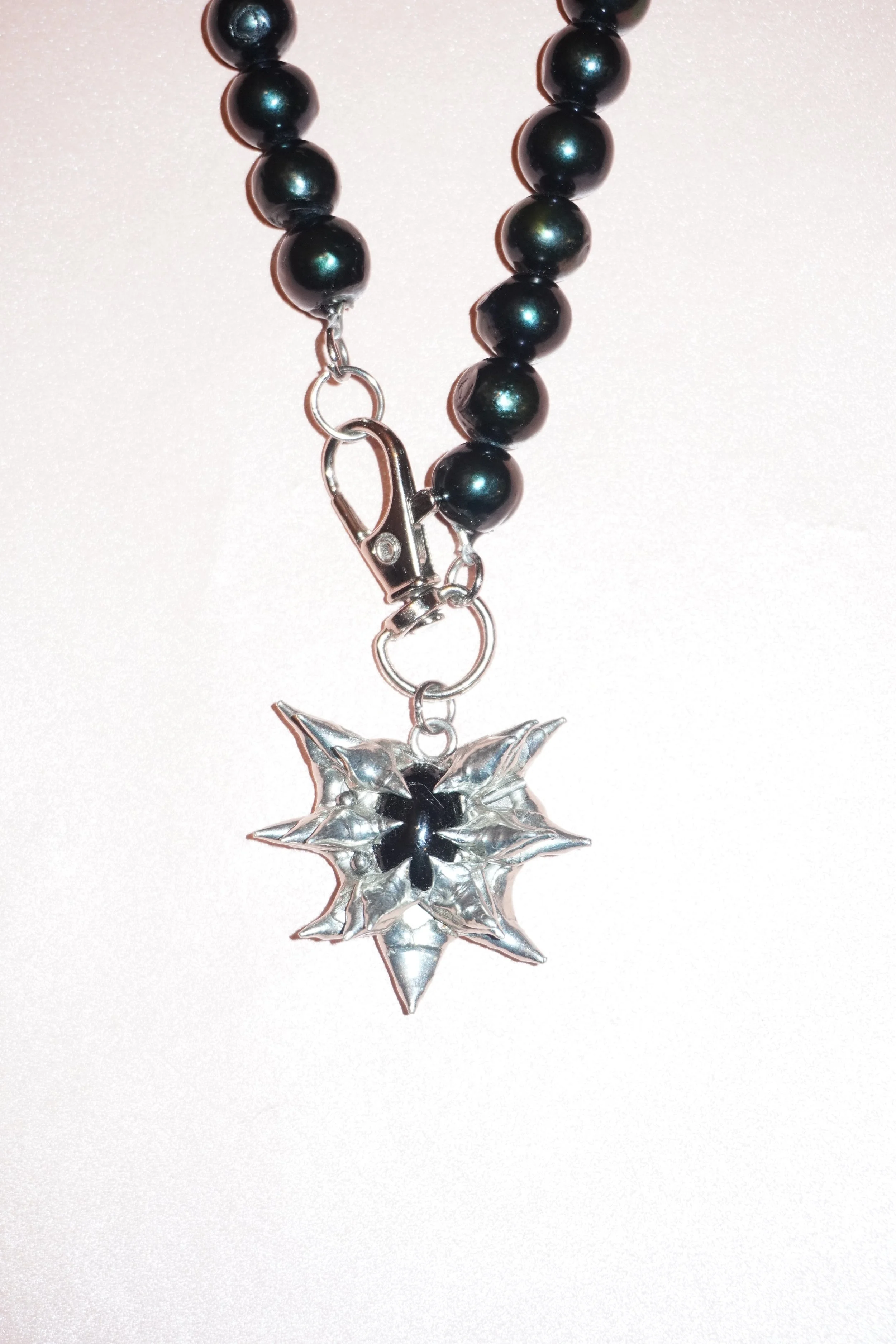 My Dearest World black pearl necklace with spiky obsidian heart & keychain clasp