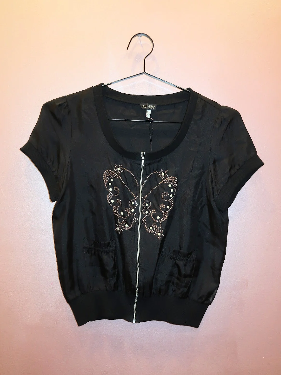 illocana Armani Jeans silk butterfly zip-up top