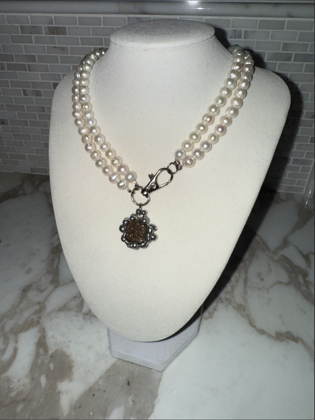 my dearest world Roman Coin Double Pearl Necklace