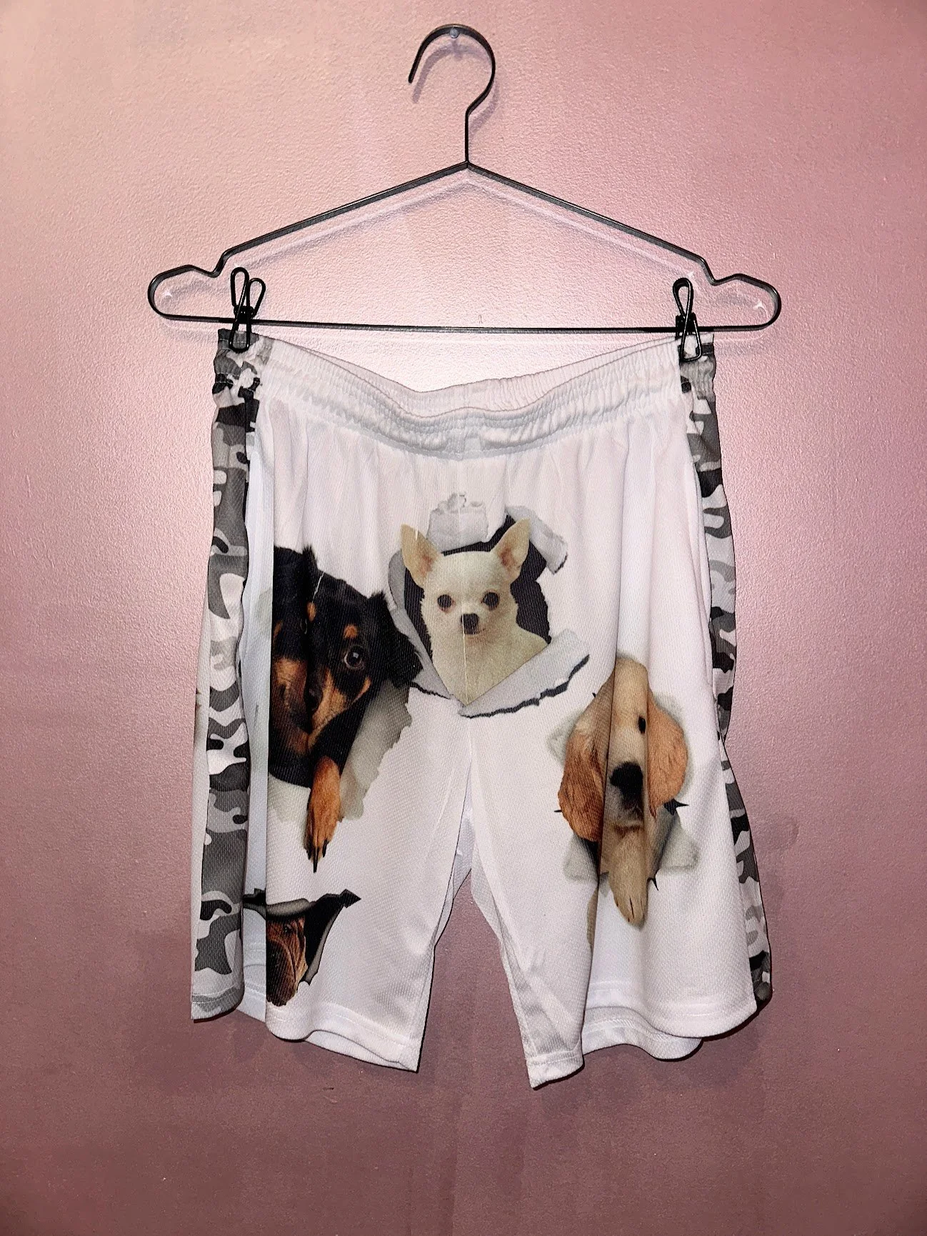 made of glue White + Camo Dog shorts