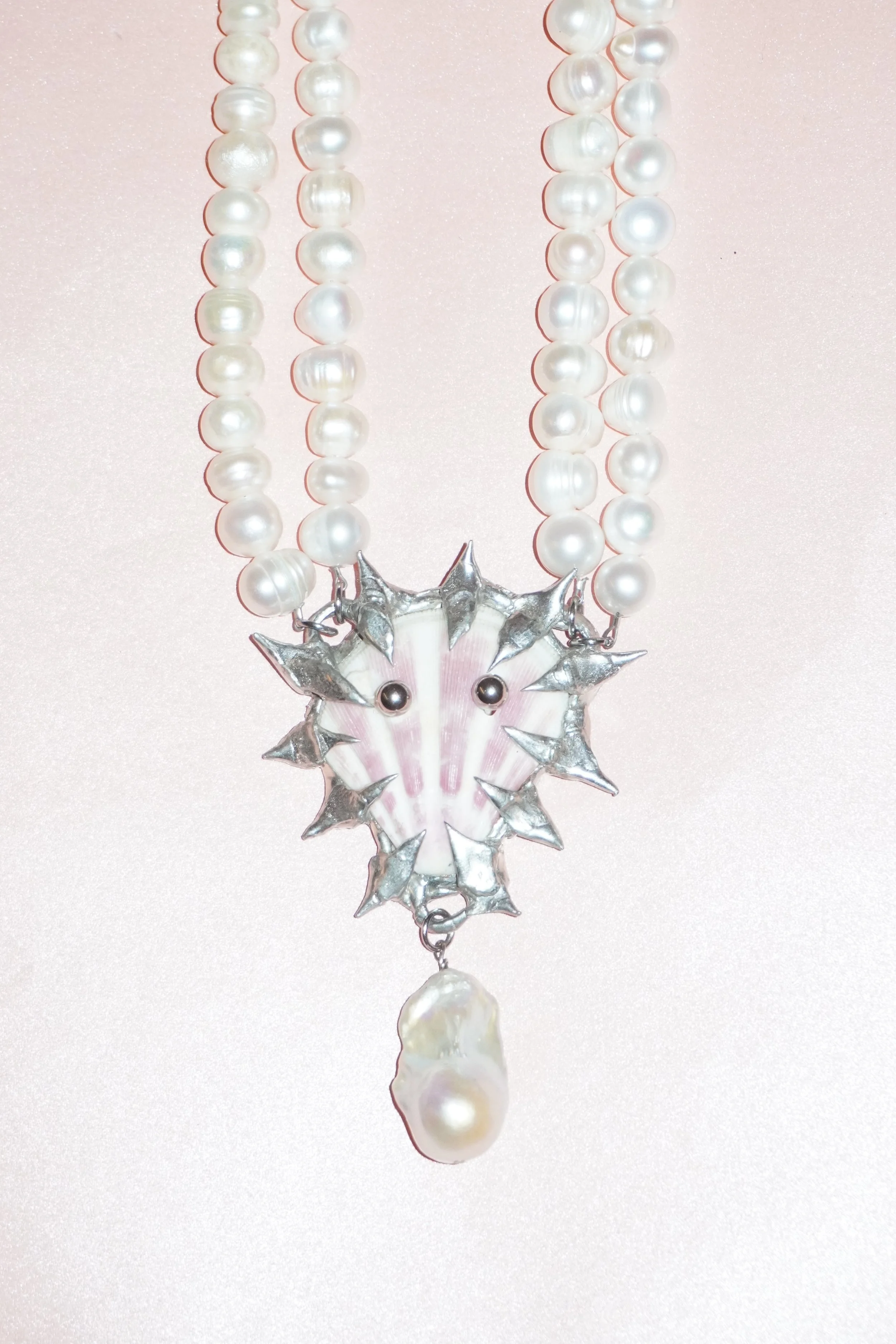 my dearest world double strand white pearls with pierced pink scallop & baroque pearl collar