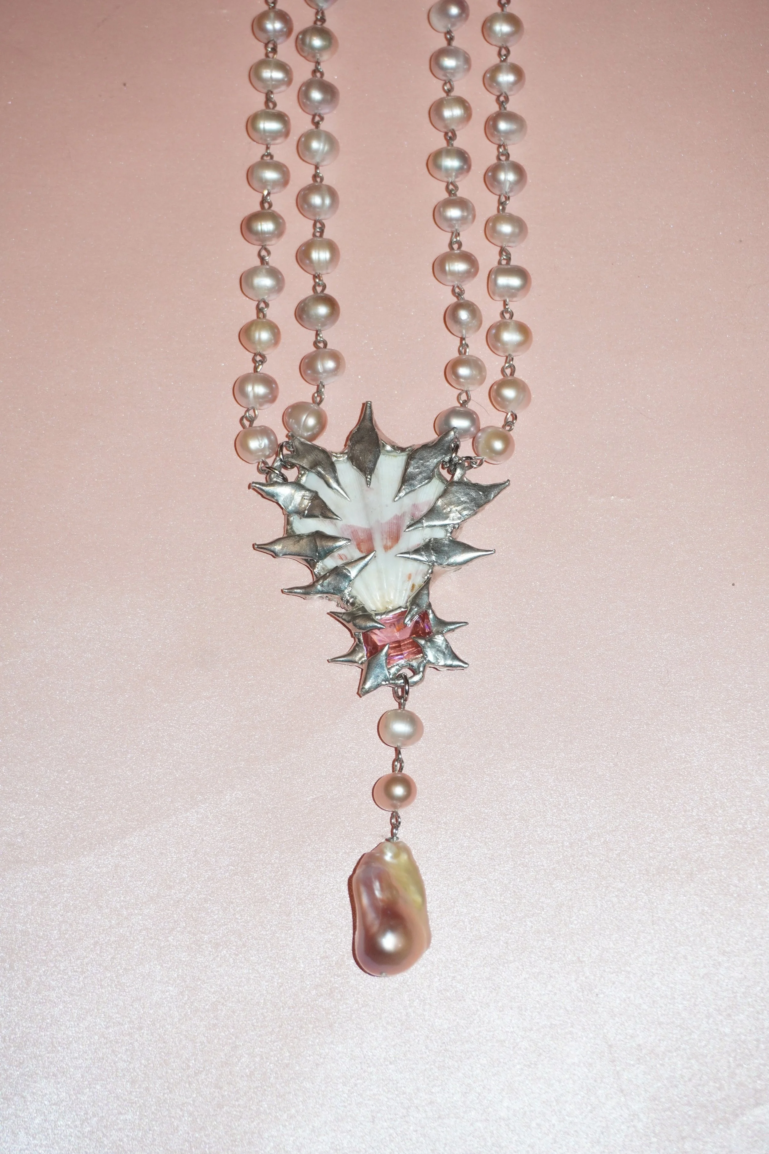 my dearest world double strand Pink Pearl Spikey Scallop Pink Gem Rosary Necklace