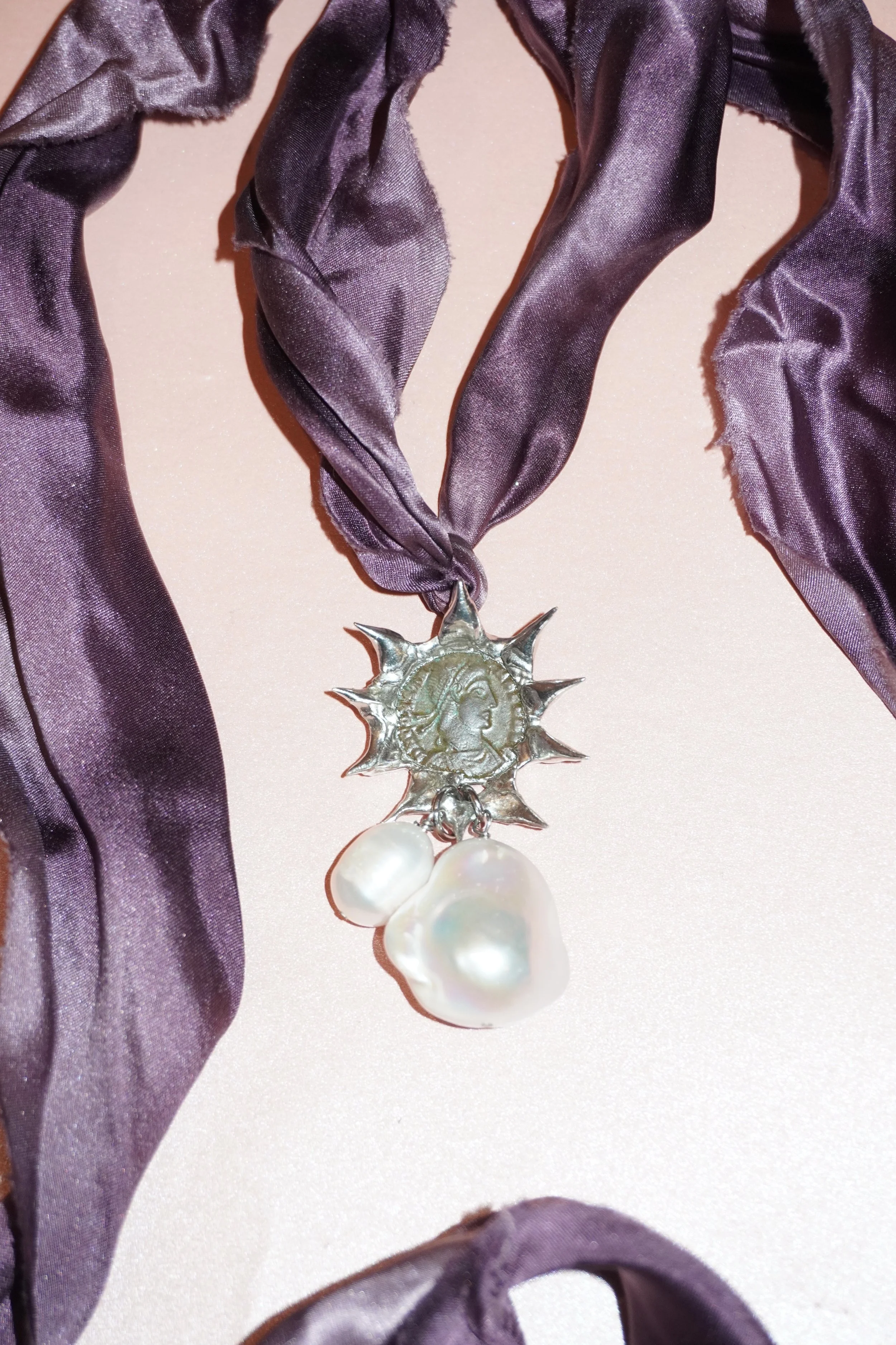 my dearest world purple silk w baroque pearls necklace