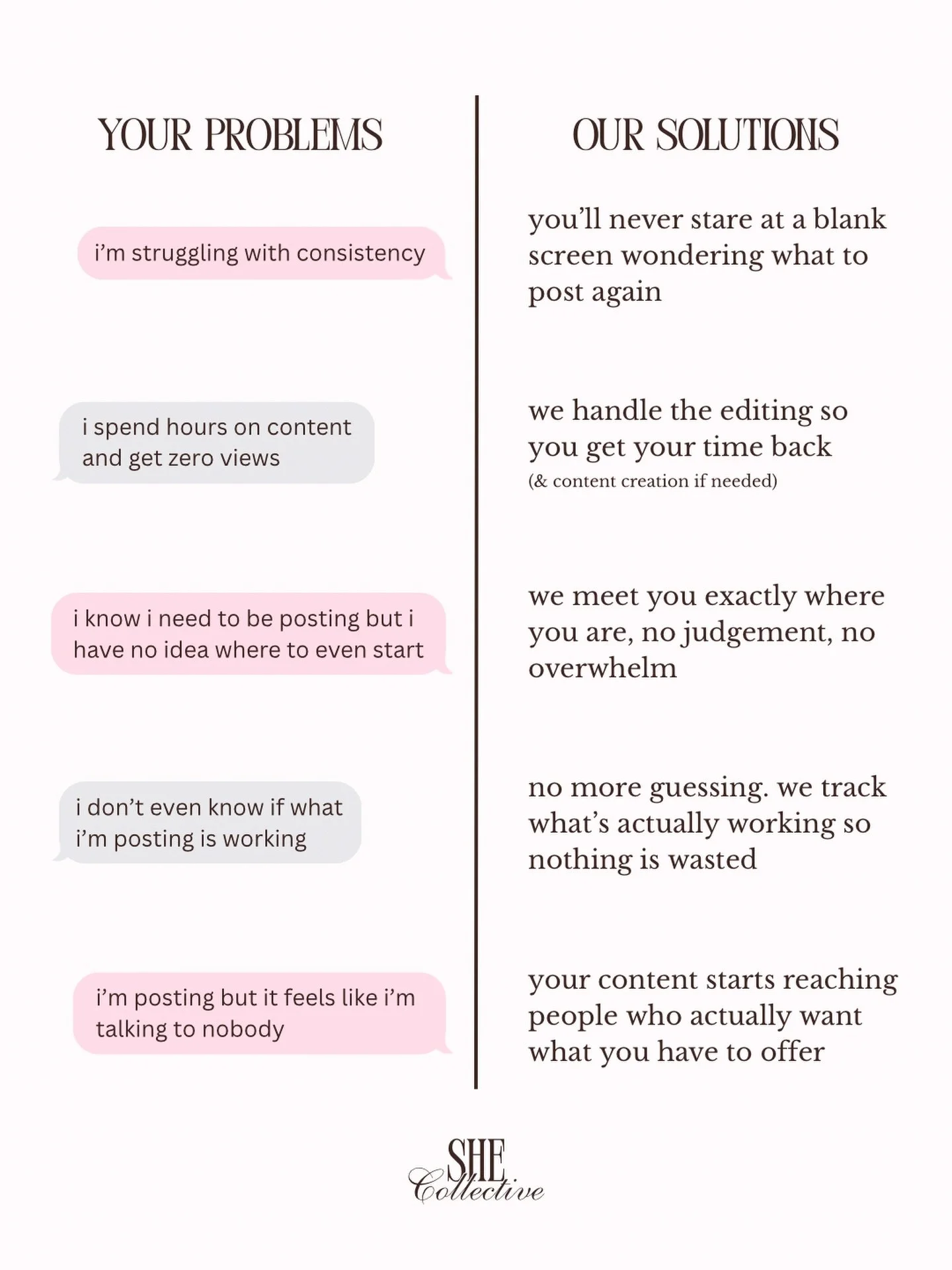 Staring at a blank screen? Spending hours on social for zero views? Feeling like you&rsquo;re talking to nobody, with no idea if it&rsquo;s even working?
😩We get it..

SHE Collective solves your biggest marketing headaches. 

Imagine:
✨No more blank