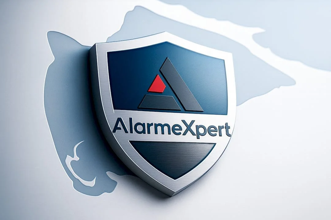Bouclier avec logo AlarmXpert, texte AlarmXpert, fond blanc avec ombre